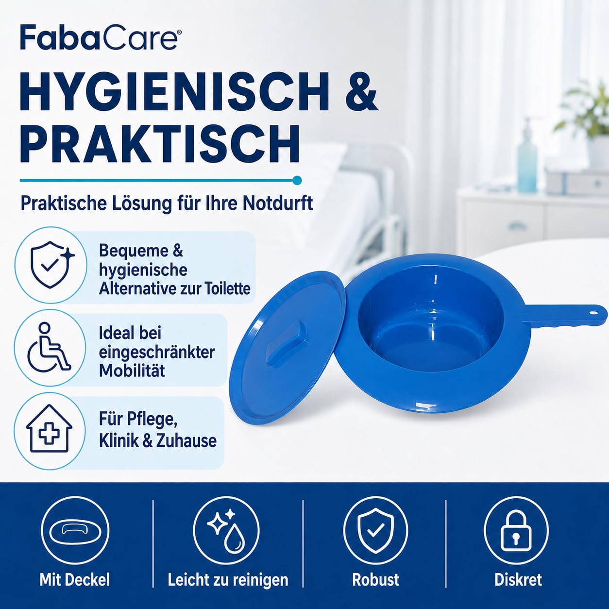 FabaCare Bettpfanne mit Deckel blau für Erwachsene | Stechbecken aus Kunststoff mit Griff, 30 cm Durchmesser, 8 cm Höhe, für Pflege, Klinik und Zuhause