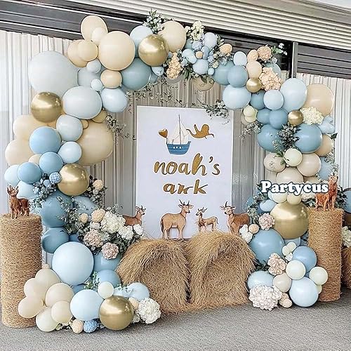 Miniatura 8 de Guirnalda de globos de arena blanca y azul polvoriento, doble relleno, color azul claro, crema, beige, mate, kit de arco de globos con látex dorado