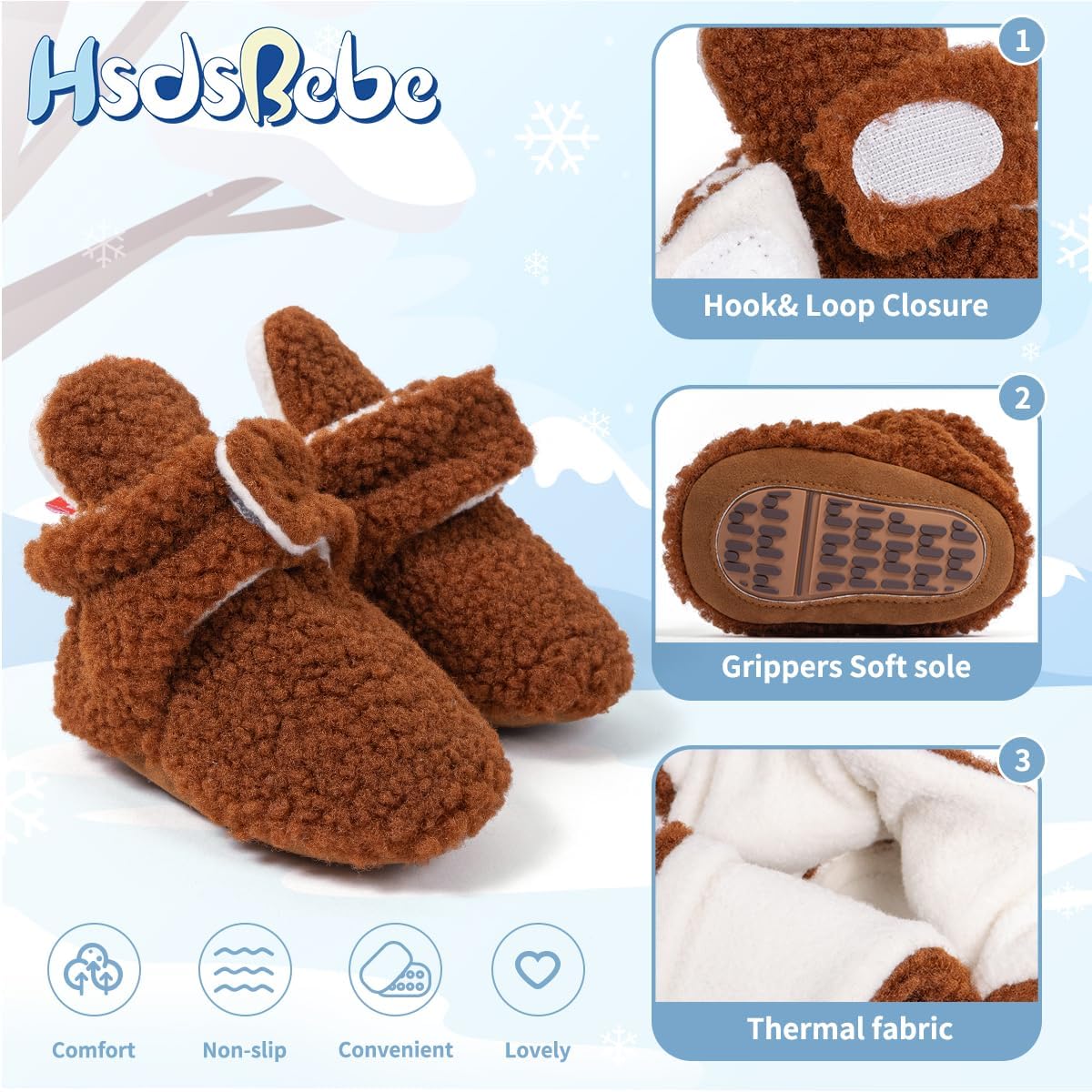 HsdsBebe Unisex Newborn Baby Cotton Booties Non-Slip Sole for Toddler Boys Girls Infant Winter Warm Fleece Cozy Socks Shoes - Image 5