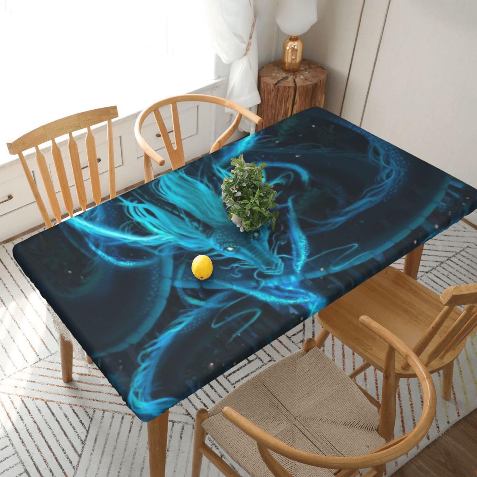 BNVSADC Blue dragon and girl Printed 5FT Tablecloth Polyester Kitchen Water Resistant Table Cloth Dining Table Decoration Table Covers, 152x76 CM
