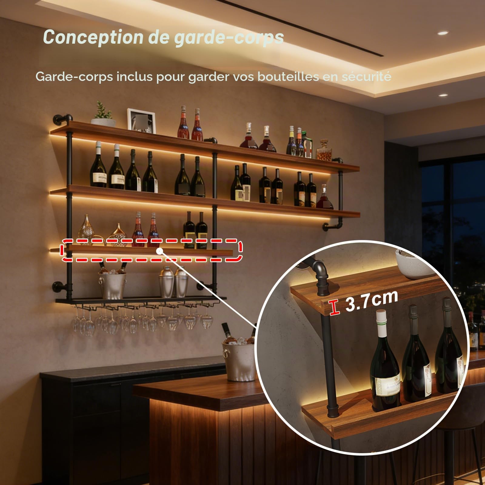 Casier à Vin Mural en Bois Massif, Porte-Bouteilles Muraux Industriels avec Lumière LED, Étagère à vin Murale vec Porte-Verre pour Cuisine Bar Salle (100 cm)