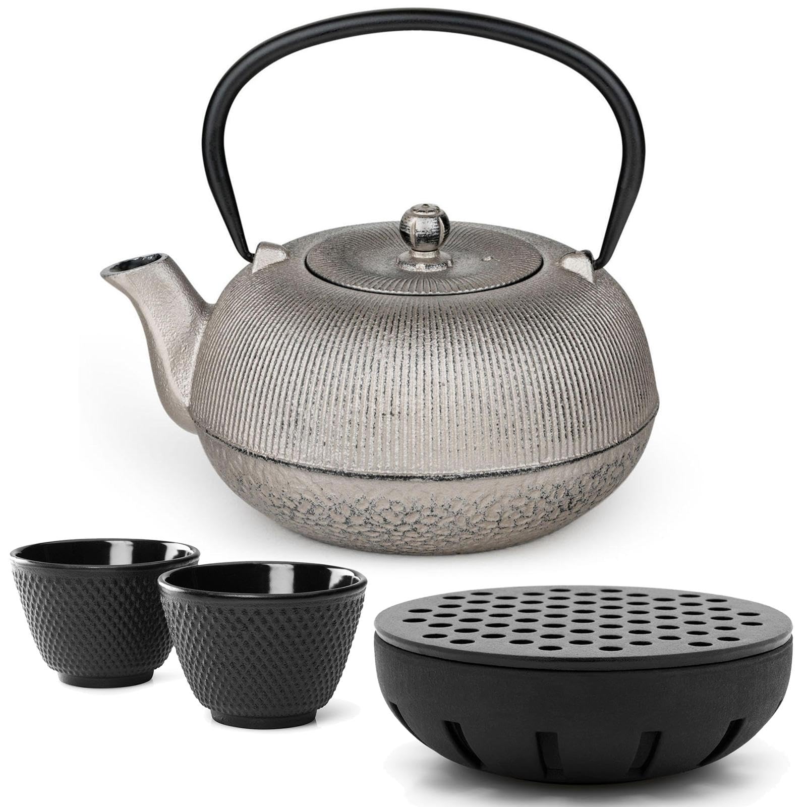 Bredemeijer Tee-Set - Teekanne Gusseisen 1,0 L in Silber-Antik-Optik - Set mit Stövchen für 1 Teelicht & 2 schwarzen Teebechern - Kanne für alle Herdarten geeignet