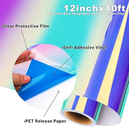 Miniatura 2 de GIRAFVYINL - Rollo de vinilo adhesivo permanente de ópalo holográfico azul de 12 pulgadas x 10 pies para cricut, decoración del hogar y el