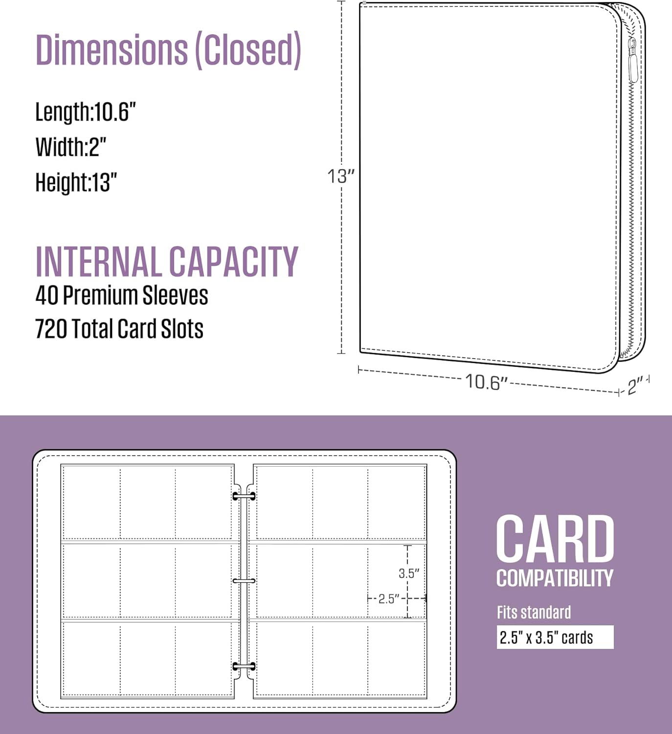 Baseball Card Binder with Sleeves, 720 Pockets Sport Card Binder Compatible with Topps, Upper Deck, Panini 2.5" x 3.5" Trading Card, Metal O-Ring, Zipper, Transparent Sleeves, PU Cover