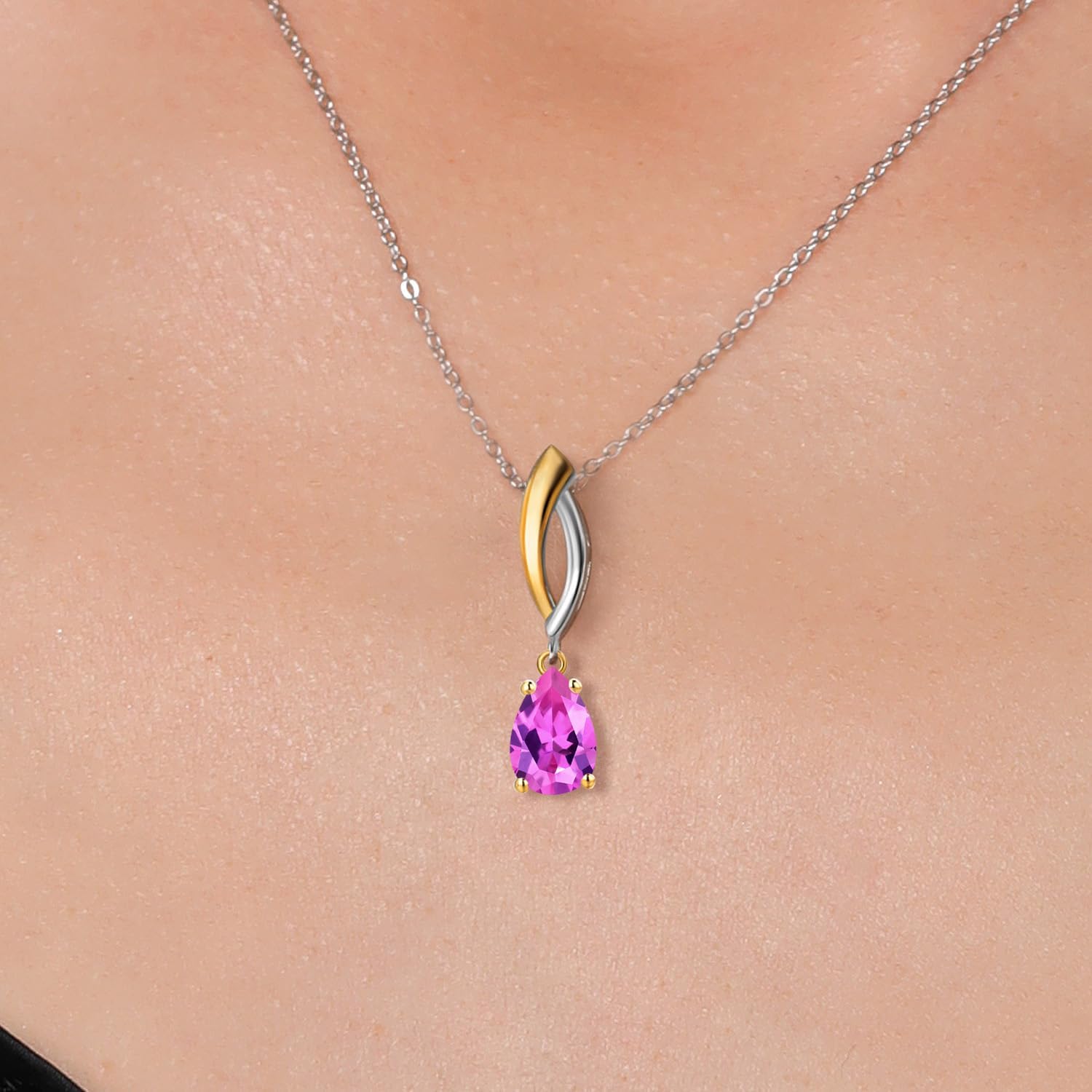 Gem Stone King 925 Silver and 10K Yellow Gold Pink Created Sapphire Pendant Necklace for Women | 0.98 Cttw | Gemstone September Birthstone | Pear Shape 8X5MM | With 18 Inch Silver Chain - Image 3