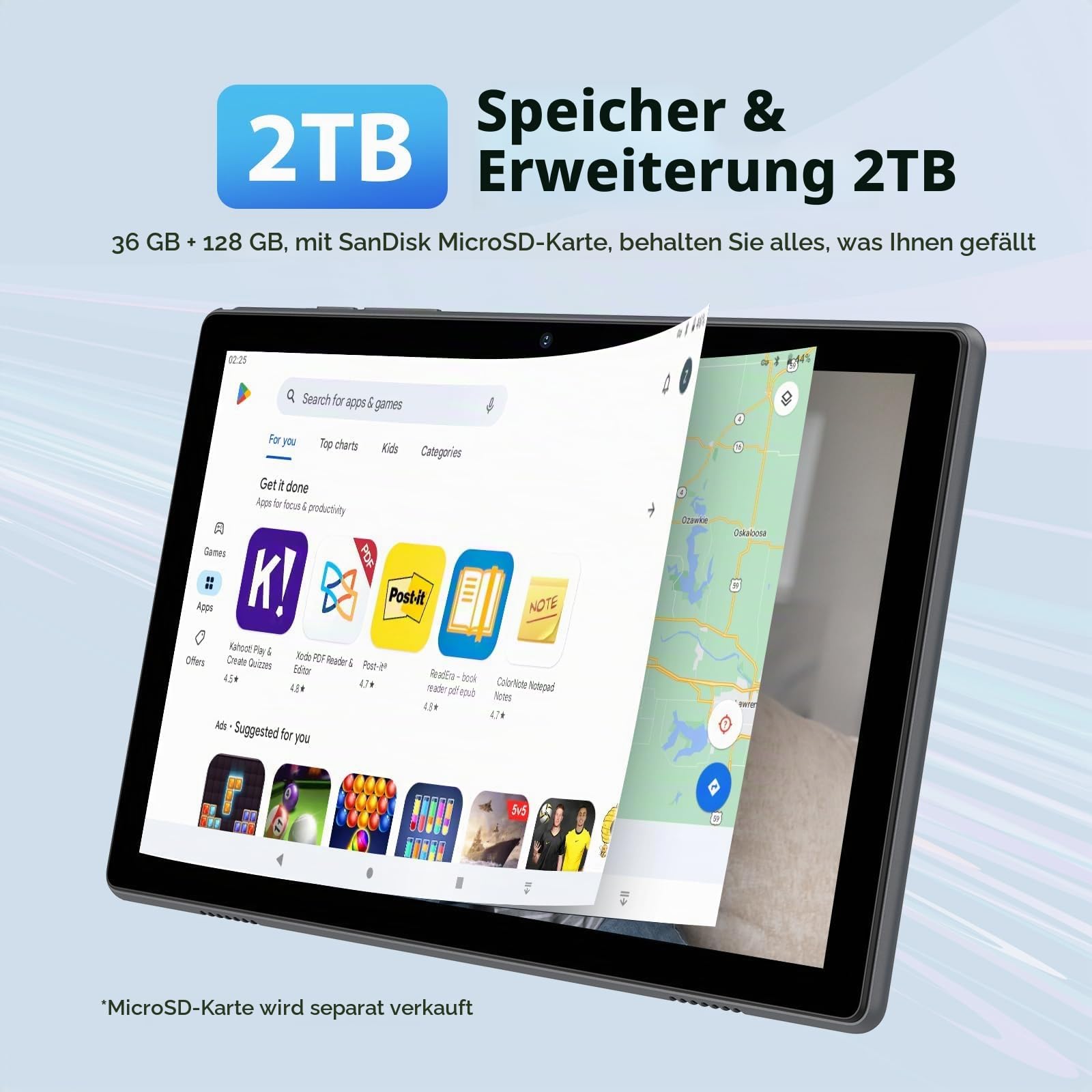 Tablet 10 Zoll, Touchscreen mit 36 GB RAM 128 GB ROM/2 TB TF, Octa-Core 2,0 GHz, 5G WiFi, WiFi 6, Widevine L1, GMS-zertifiziert, 8 MP, Android 15 Tablet mit Tastatur/Hülle/Kopfhörer/Maus/Eingabestift