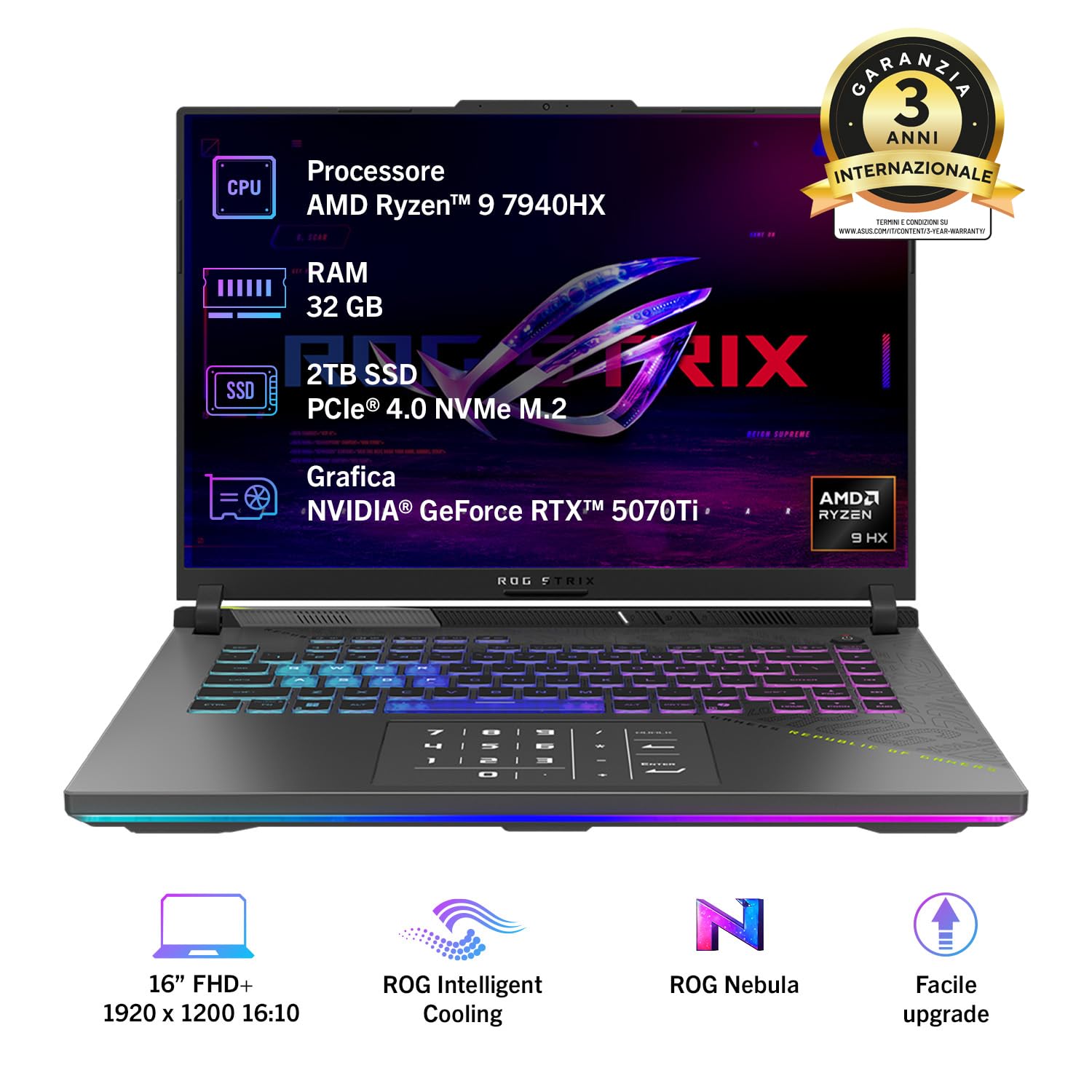 ASUS ROG Strix G16 (2025) con display da 16" a 165Hz, NVIDIA GeForce RTX 5070 8GB, AMD Ryzen™ 9 8940HX, RAM 32GB, 2TB SSD, Layout ITA, Win 11 Home, Grigio