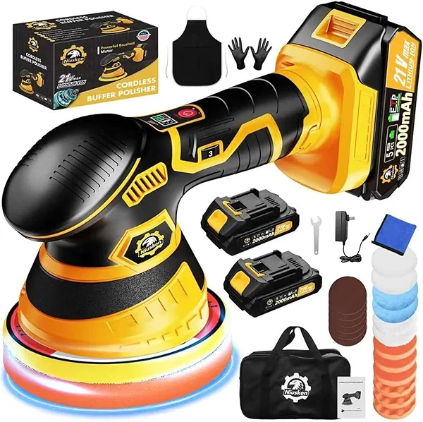 Niusken Cordless Car Buffer Polisher kit [2x 2000mAh 21V Batteries & 18 PCS Attachments] 6-Speed Orbital Design, LED Display, 6 Inch Lightweight Detailing Tool for Waxing, Polishing & Scratch Removal