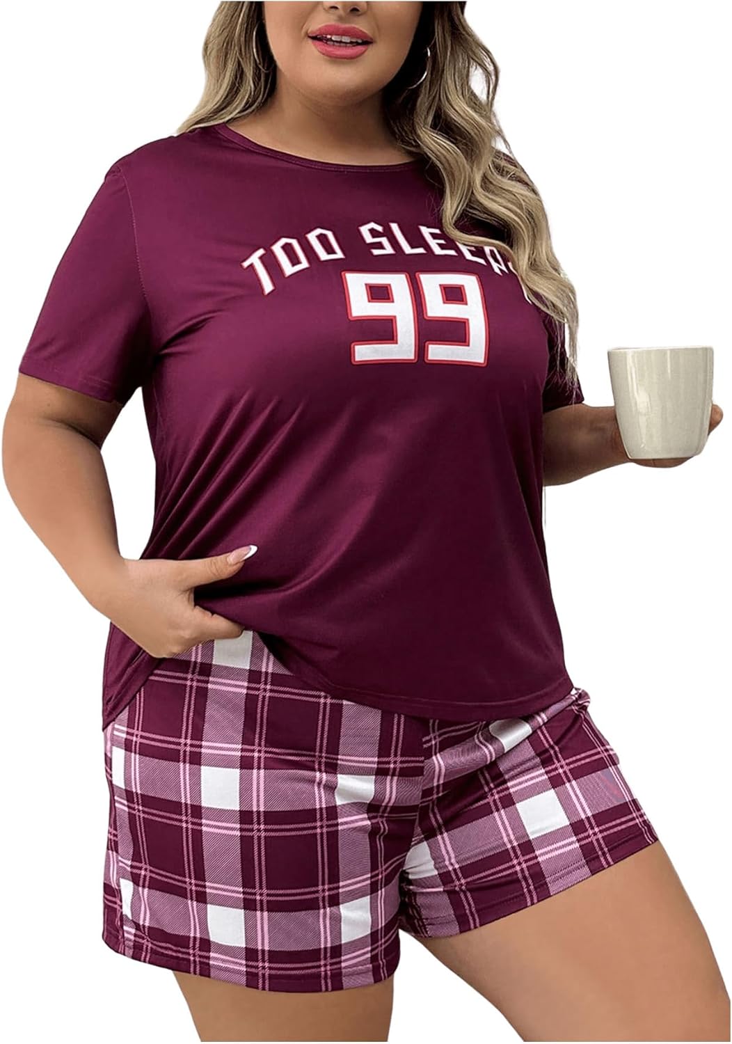 GORGLITTER Women's Plus Size Pajama Set 2 Piece Letter Short Sleeve Shirt Plaid Boxer Shorts Pjs Lounge Sets - Image 5