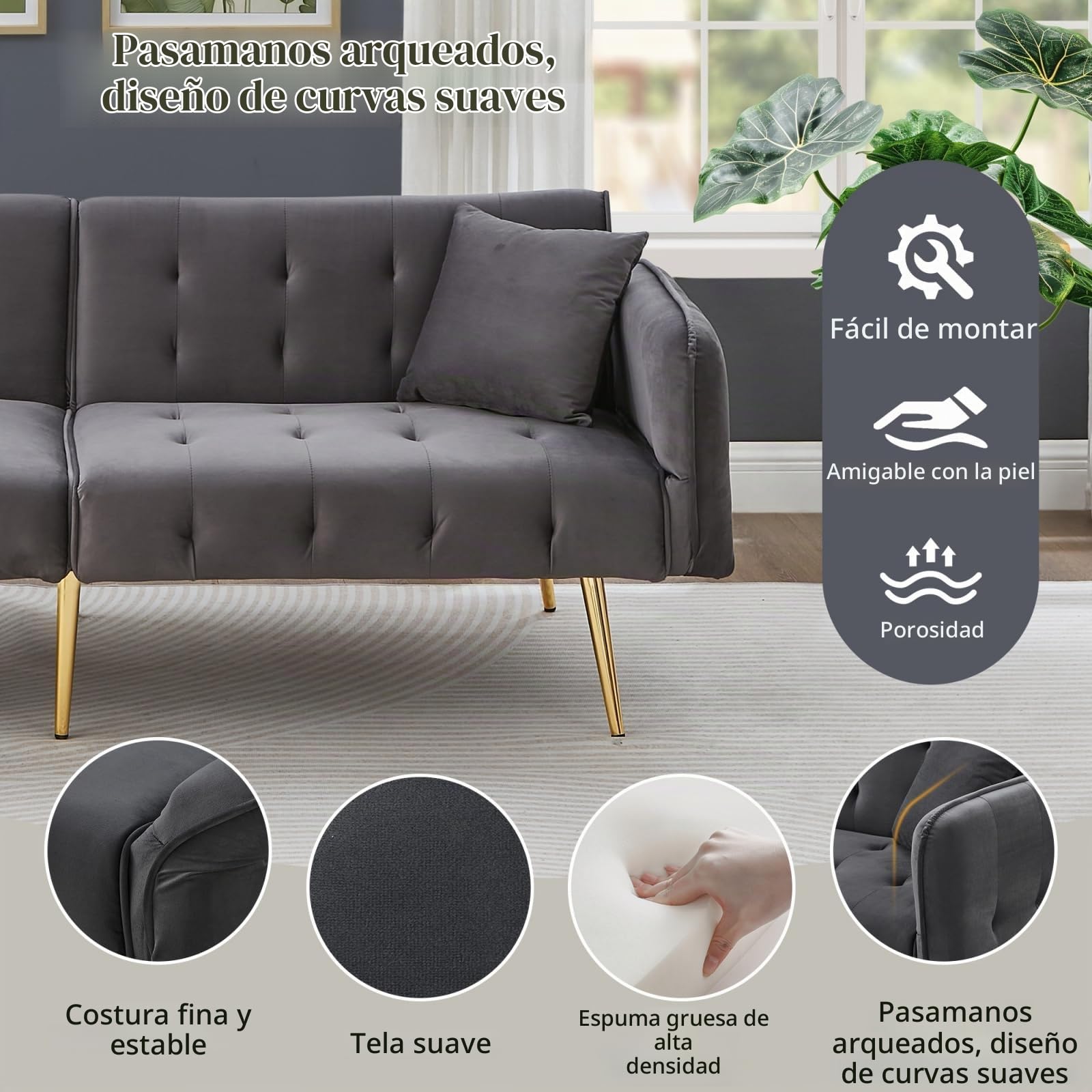 YEHTOKHOME - Sofá cama de 2 plazas convertible, carpetas independientes, reposabrazos ajustables, tejido aterciopelado, sofá cama con función de dormitorio, para sala de estar, oficina, dormitorio