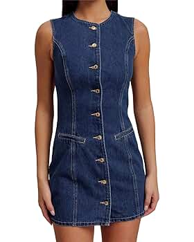 Women's Denim Mini Dress Sleeveless Crewneck Button Up