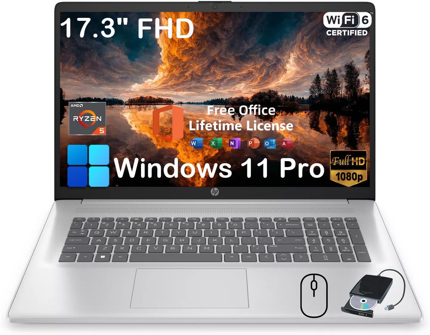HP 17.3" Business Laptop Computer - with Office Lifetime License & External CD/DVD Drive, 17.3 inch FHD 250 Nits Display, Win 11 Pro, AMD 6-core Ryzen 5 7430U, Webcam (64GB RAM | 1TB SSD)