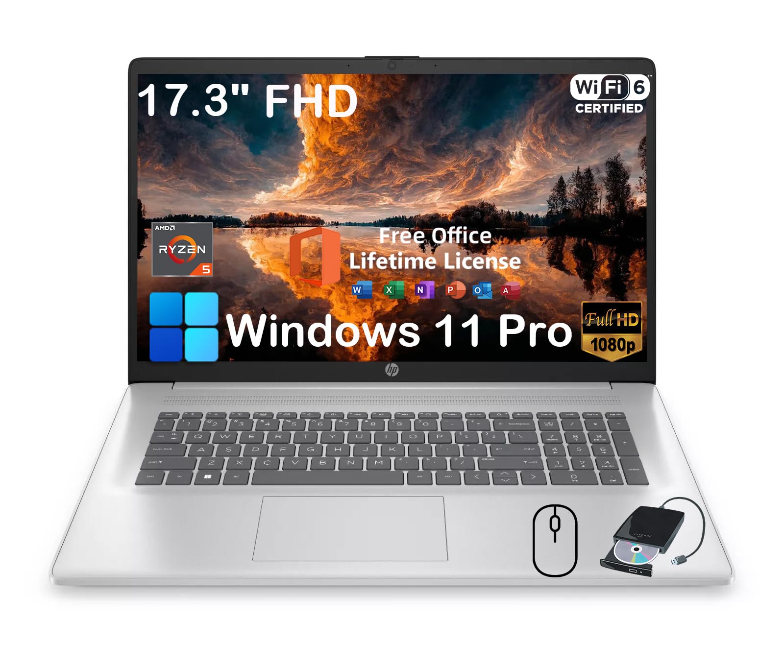 HP 17.3" Business Laptop Computer - with Office Lifetime License & External CD/DVD Drive, 17.3 inch FHD 250 Nits Display, Win 11 Pro, AMD 6-core Ryzen