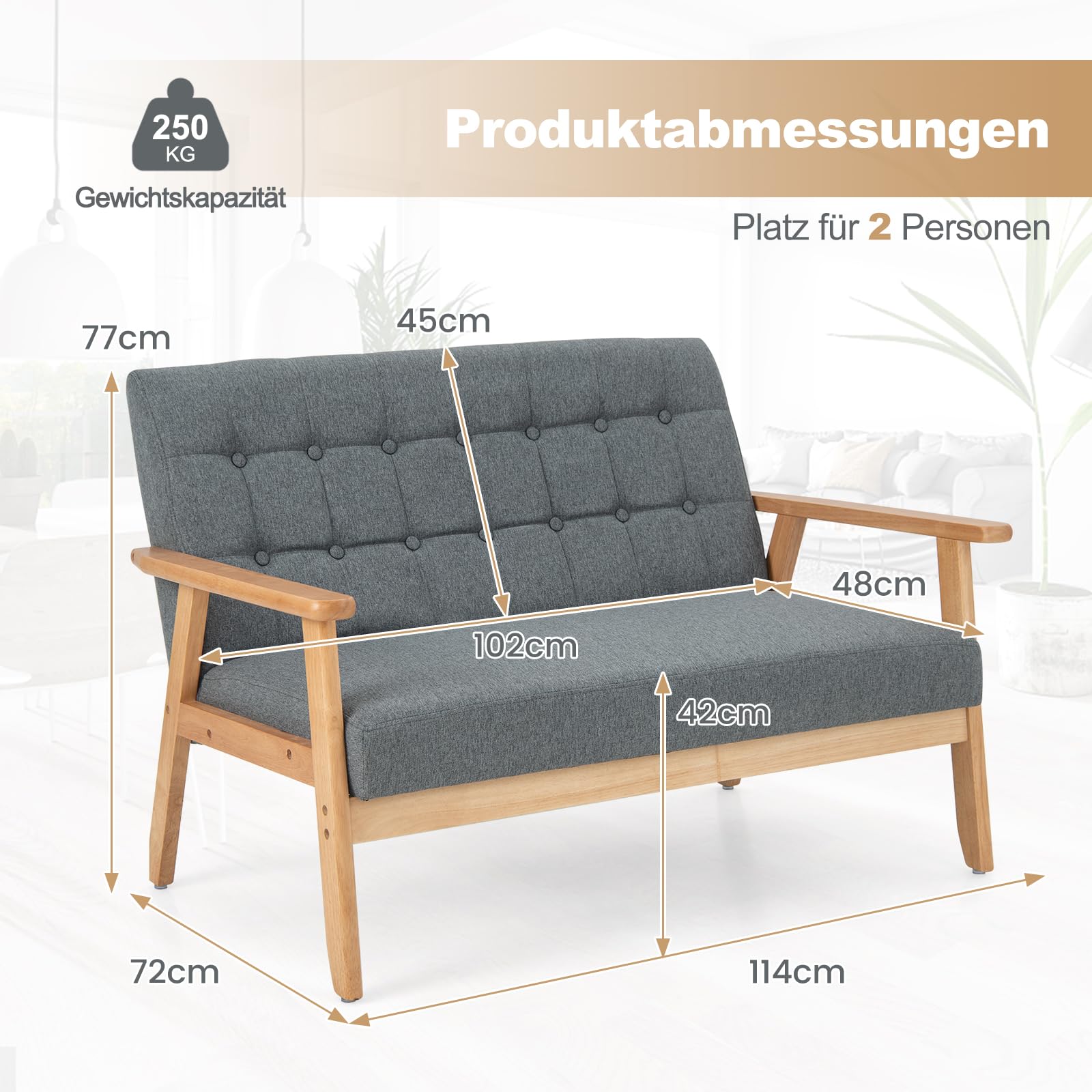 RELAX4LIFE 2 Sitzer Sofa, Polstersofa mit Massivholzrahmen Dickem Sitzkissen, Doppelsofa mit Rücklehne & Armlehnen, bis 250 kg belastbar, Gepolstertes Sofa für Wohnzimmer Schlafzimmer Büro
