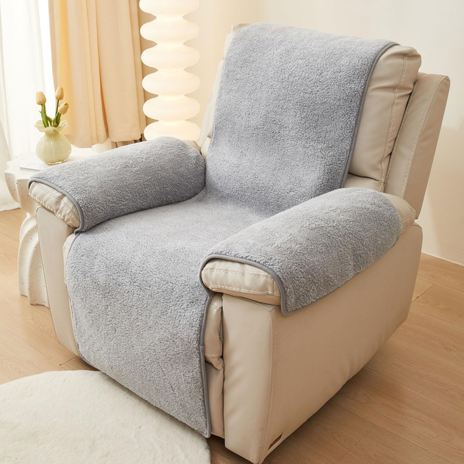 Recliner Chair Covers, Sherpa Fleece Soft Warm Sofa Slipcover Furniture Protector Non-Slip Washable Reclining Chair Cover(Size:22"x82",Color:Light Gray)