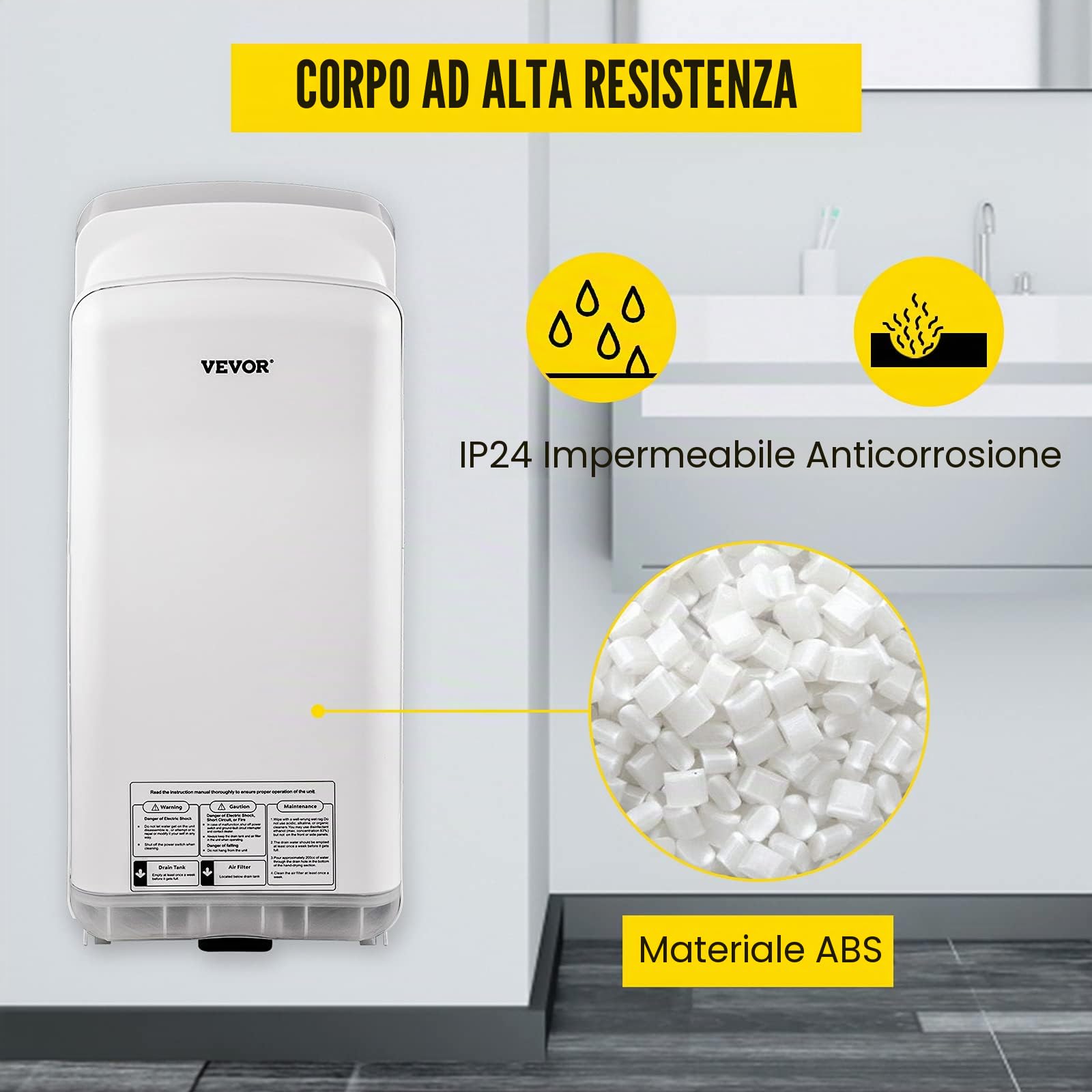 VEVOR Asciugamani Elettrico 2000W Verticale, Asciugamani Automatico Elettrico con Filtrazione HEPA, Asciugamani ad Aria Calda a Temperatura 43℃ per Asciugare le Mani Velocemente, Bianco