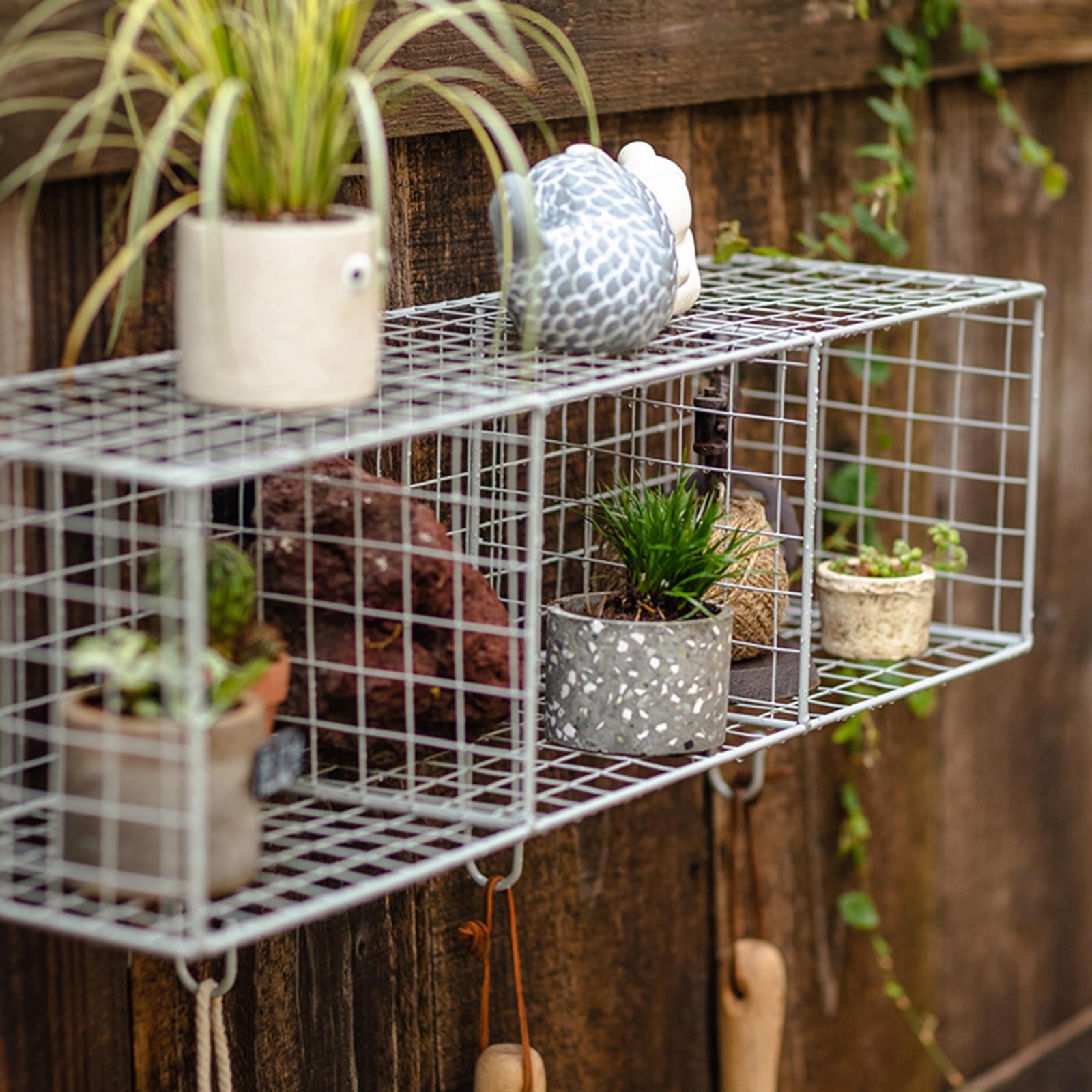 Wall Grid Hanging Basket with 4 Hooks, Wire Basket Gardening Tools Organizer, Industrial Display Shelf for Kitchen, Bathroom, Garden, Living Room