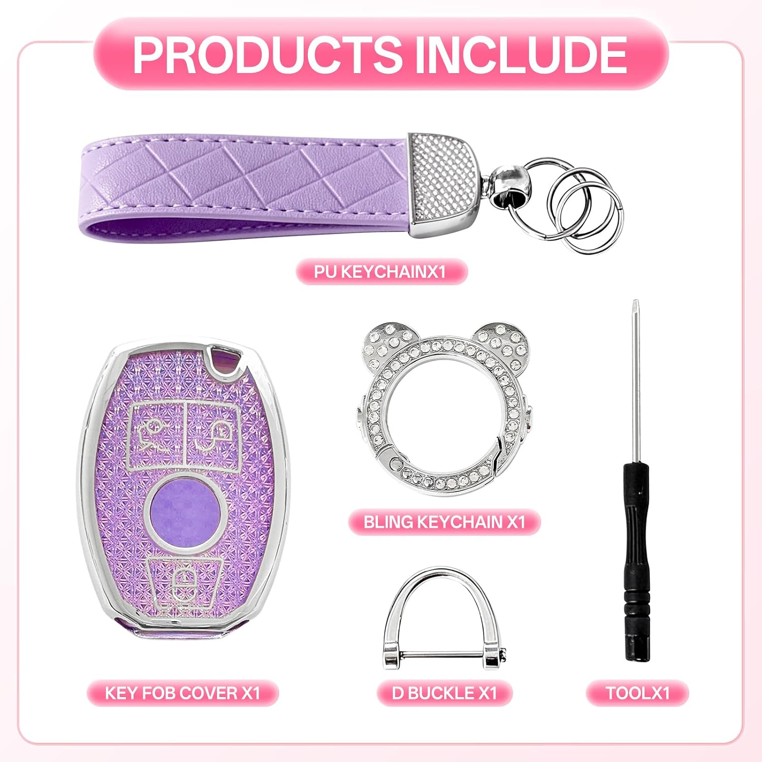 for Mercedes Benz Key Fob Cover with Keychain,3 Buttons Soft TPU Protector Bling Car Keys Case Shell Compatible with Mercedes Benz C E M S CLS CLA GLK GLA GLC GLE AMG Class Remote Key(Silver Purple) image 3