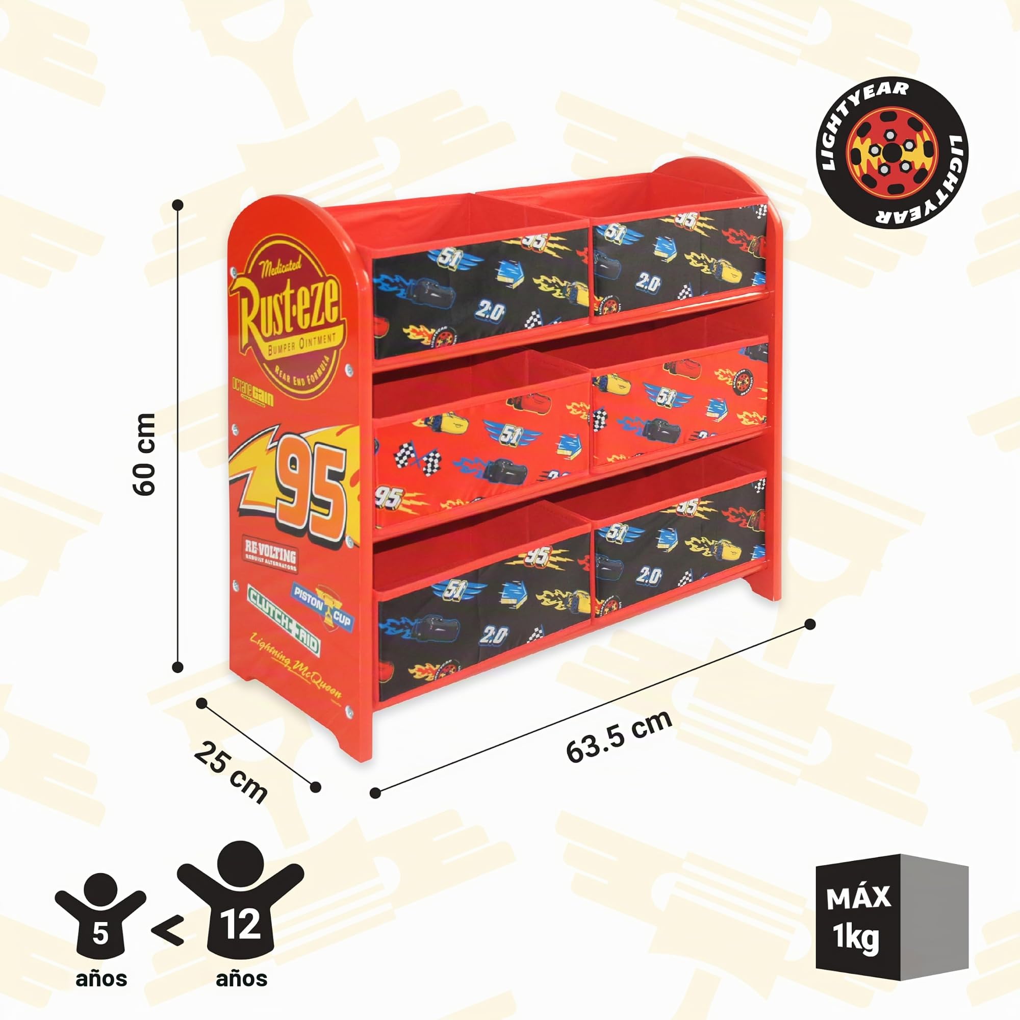 Disney Cars Rayo Mcqueen Unidad de almacenamiento de juguetes hecha de madera, tela y metal; sistema organizador con 6 cajas para dormitorio, fácil montaje y limpieza