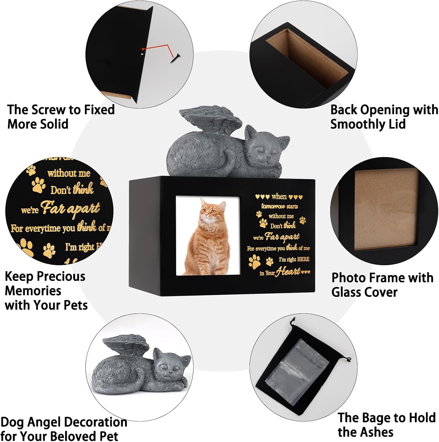 Pet Urns for Ashes, Black Wooden Cat Urns for Ashes with Cat Angel, Cat Memorial Keepsake Memory Box with Photo Frame, Loss Pet Sympathy Remembrance Gift (Medium - Memory)