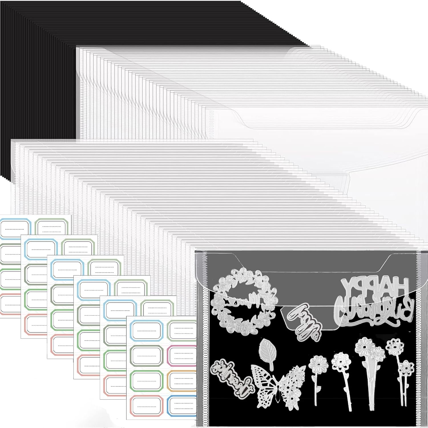 86個のスタンプとダイの収納バッグとゴム製磁気シート、金属切削ダイ用の0.5mmマグネットシート、クリアで再密封可能なプラスチック封