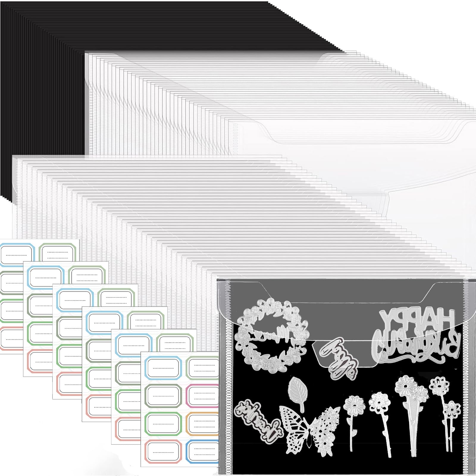 86 Pieces Stamp and Die Storage Bag and Rubber Magnetic Sheets,0.5mm Magnet Sheets for Metal Cutting Dies,Clear Resealable Plastic Envelopes Pockets for Cutting Dies Stencil Crafts Organizer Holder