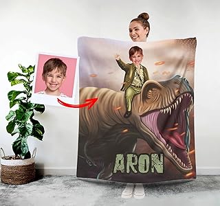 Dinosaur Photo Blanket, Custom Blankets with Your Face, Personalized Photo Gifts for Him, Custom Dino Gift for Boys Men, Kids Photo Blanket, Customized Minky Throw Blanket for Bed Sofa 50 x 60 L71