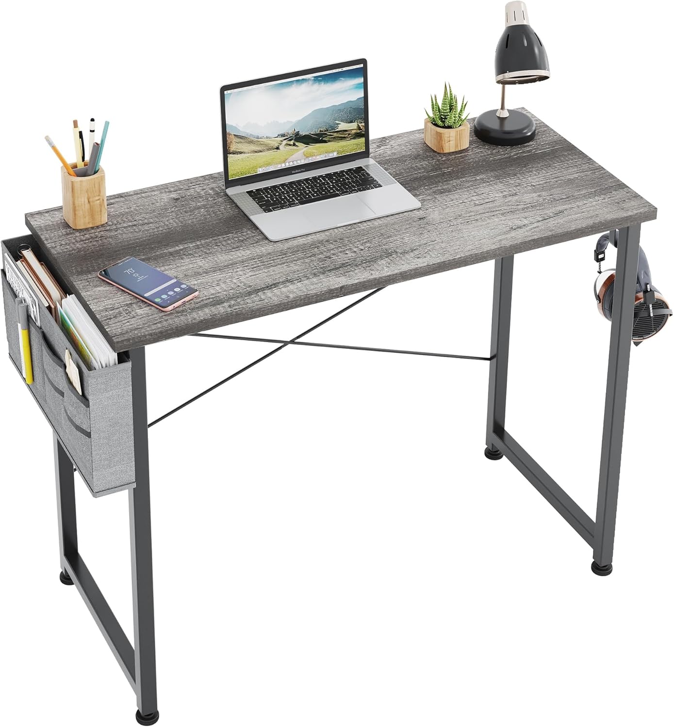 COTUBLR 31 Inch Computer Desk, Home Office Desk, Simple Modern Small Desk for Bedroom, Writing Desk with Storage Bag, Study Table for Students, Grey Oak