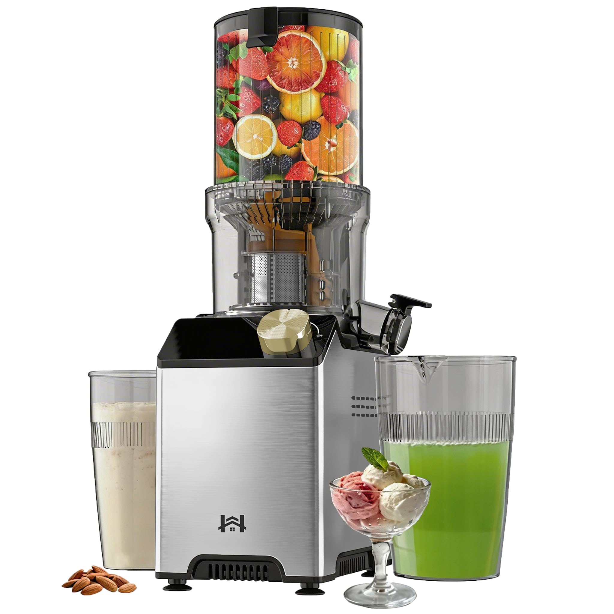 Photo 1 of WHUTO Cold Press Juicer, Wide Feed Chute Juicer Machines, Stainless Steel Slow Masticating Juicers Easy to Clean, Vegetables & Fruits Juice Extractor, High Juice Yield, Brass Color Knob