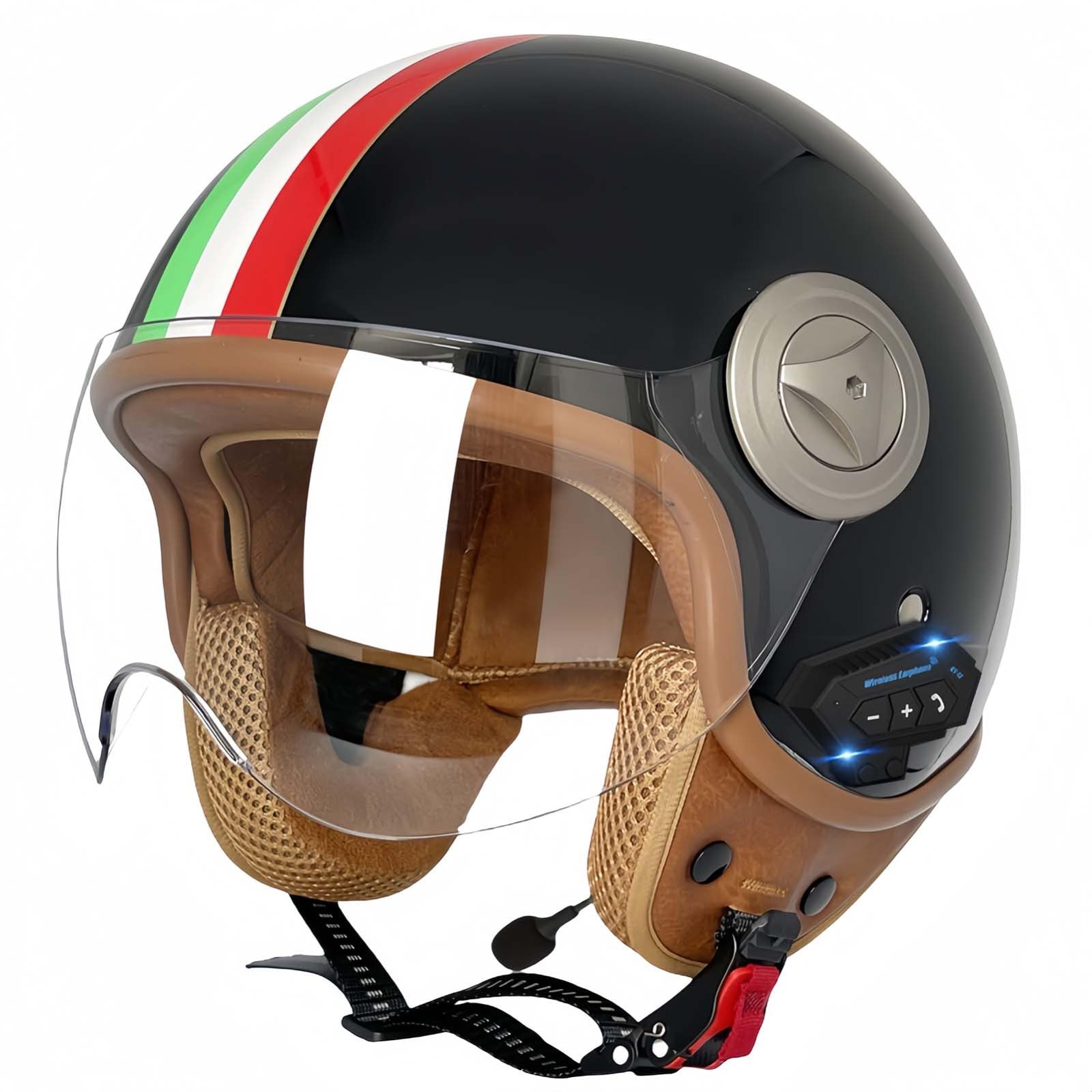 Kask motocyklowy Bluetooth na twarz kask motocyklowy skuter ECE certyfikowany retro motocykl kask motorowerowy dla dorosłych z osłoną przeciwsłoneczną dla mężczyzn i kobiet
