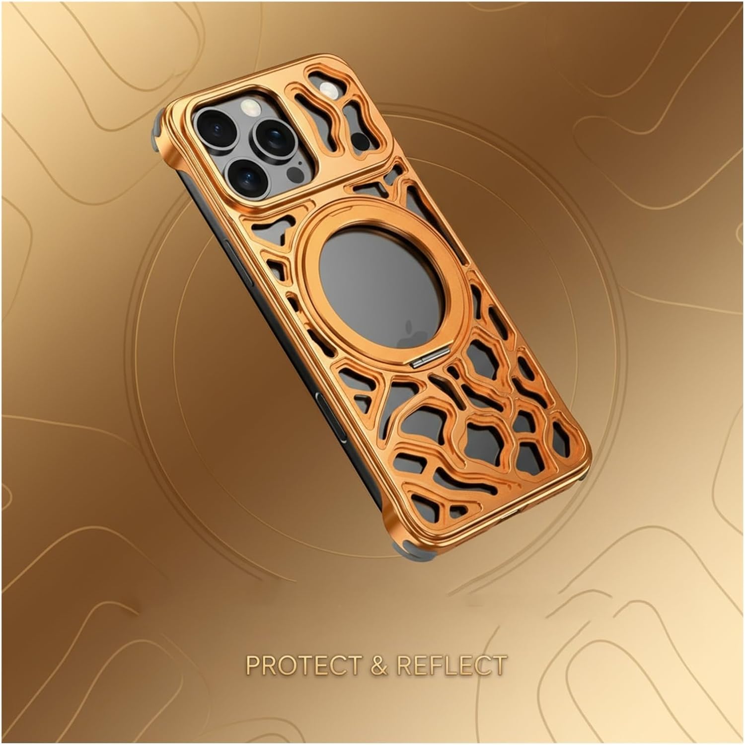 Magnetic Metal Case for iPhone 17 Pro Max/17 Pro, Hollow Heat-Dissipation Aluminum Alloy Frame with Ring Stand, Shockproof Slim Protective Cover, Heavy Duty Shell(Orange,17 PRO)