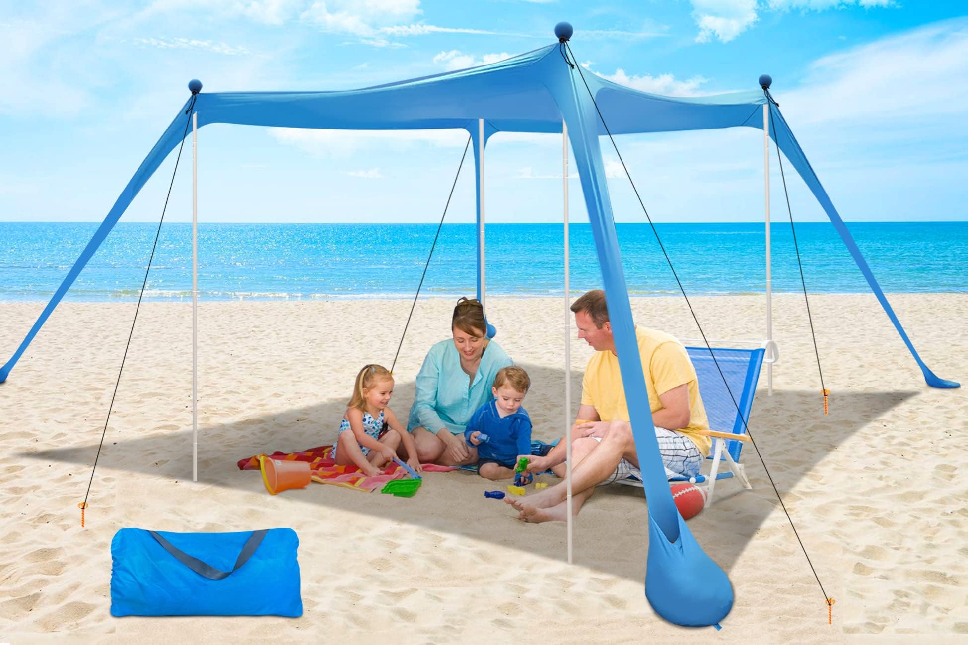 Beach Canopy Beach Tent Pop Up Shade Portable 4 Pole Sun Shelter Extra Windproof Rope Stable Sun Protection with Carry Bag Easy Set Up for Family Outdoor Camping Fishing Backyard Picnics
