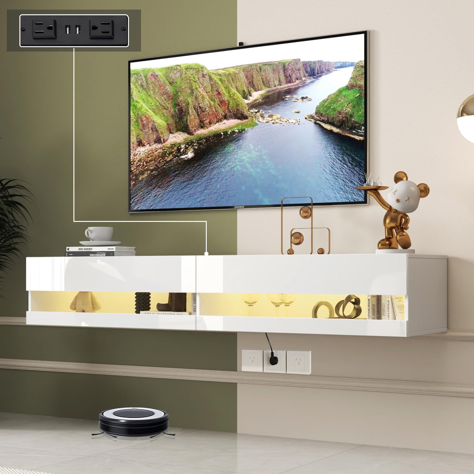 Soporte flotante para TV montado en la pared con toma de corriente, moderno centro de entretenimiento flotante para TV de 80 pulgadas, estante flotante de alto brillo con luces LED para sala de estar