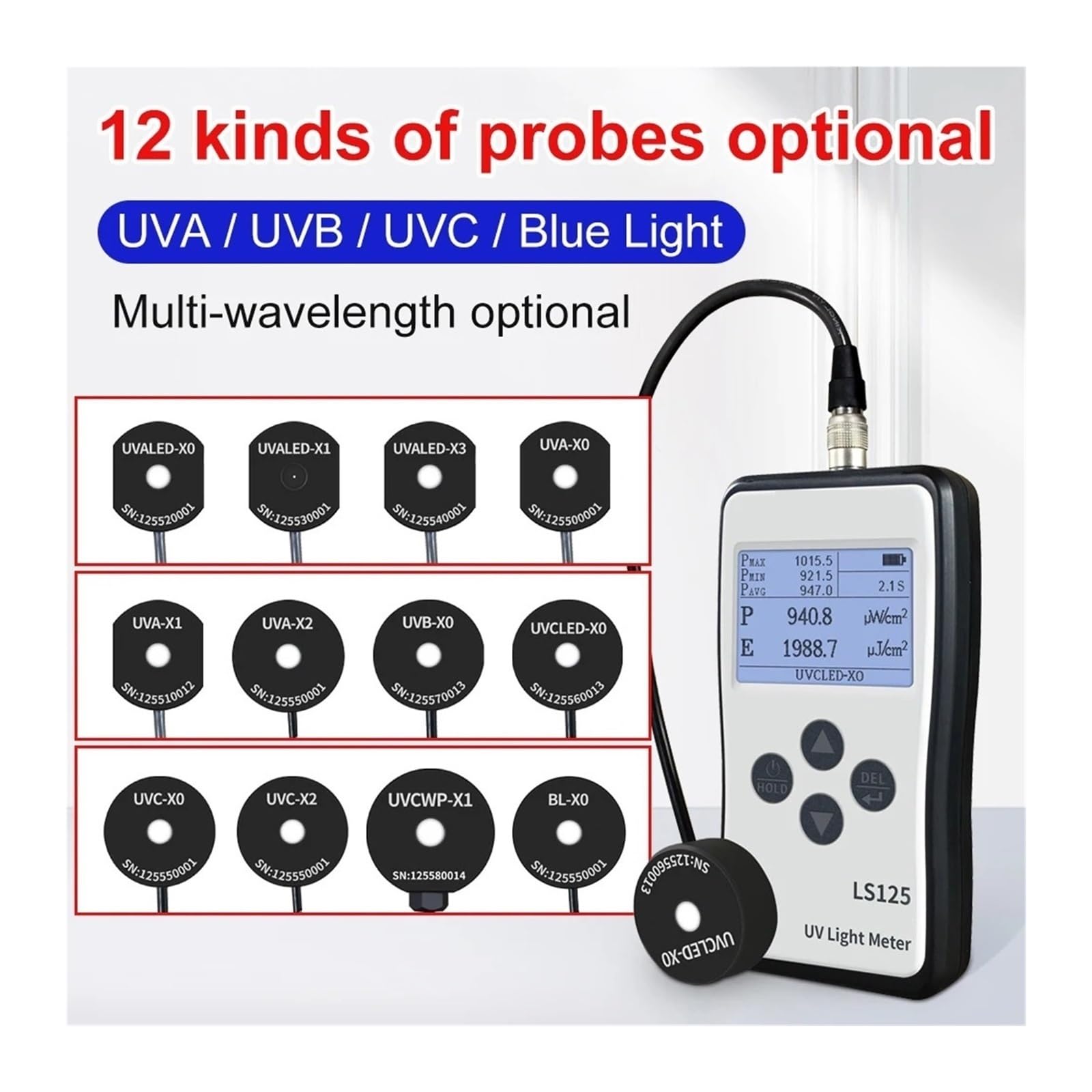 EDEDE UV-Messgerät, Uv-Tester Ultraviolett-Lichtmessrät sundheitseinheit Uva Uvb Lichtquellen LS125 Mehachsonde Hohe Präzision Einfache Bedienung Zur Lichtmessung(LS125 with UVCWP-X1)