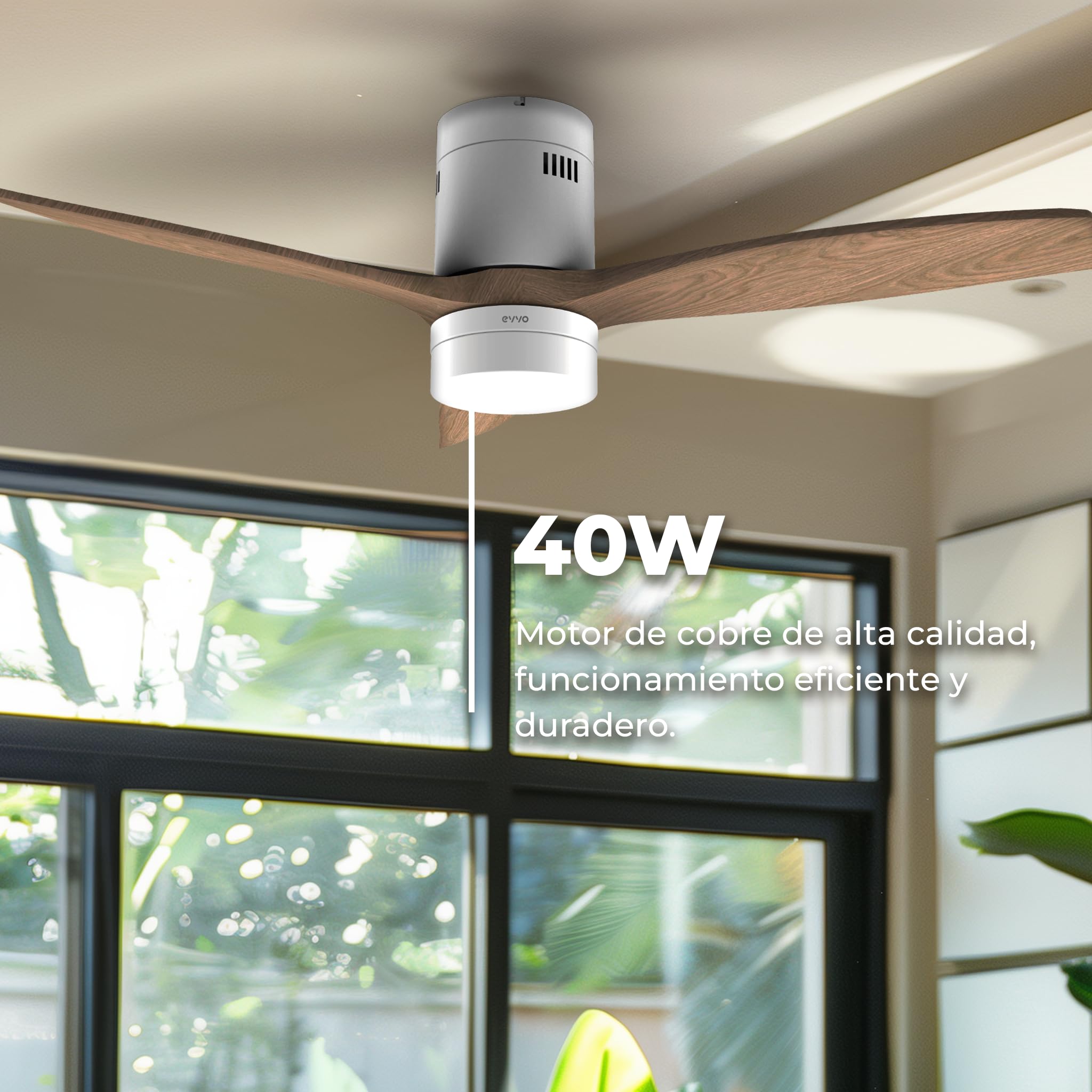 EVVO Ventilador de Techo con Luz LED y WIFI, Silencioso, Ø132cm, 3 Aspas, Motor DC 40W, 6 Velocidades, Temporizador hasta 4h, Función Invierno-Verano, Protección IP44 (Modelo: V551 Acabado Madera)