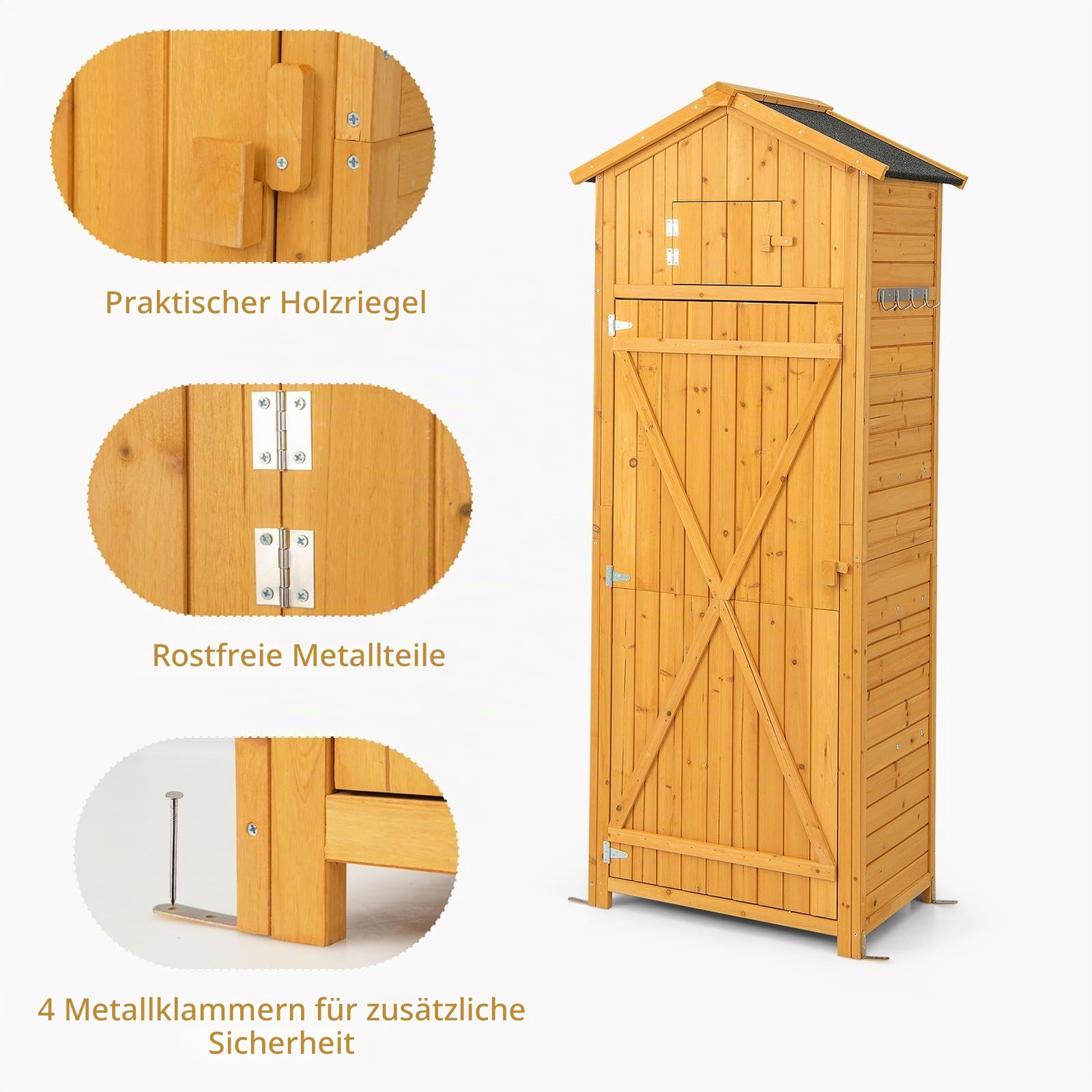 KOMFOTTEU Gartenschrank Holz, Gerätehaus Outdoor wetterfest, Geräteschuppen mit Satteldach, Werkzeugschrank Holzschuppen mit Regal Faltbarem Tisch, 180x65x42 cm, Natur