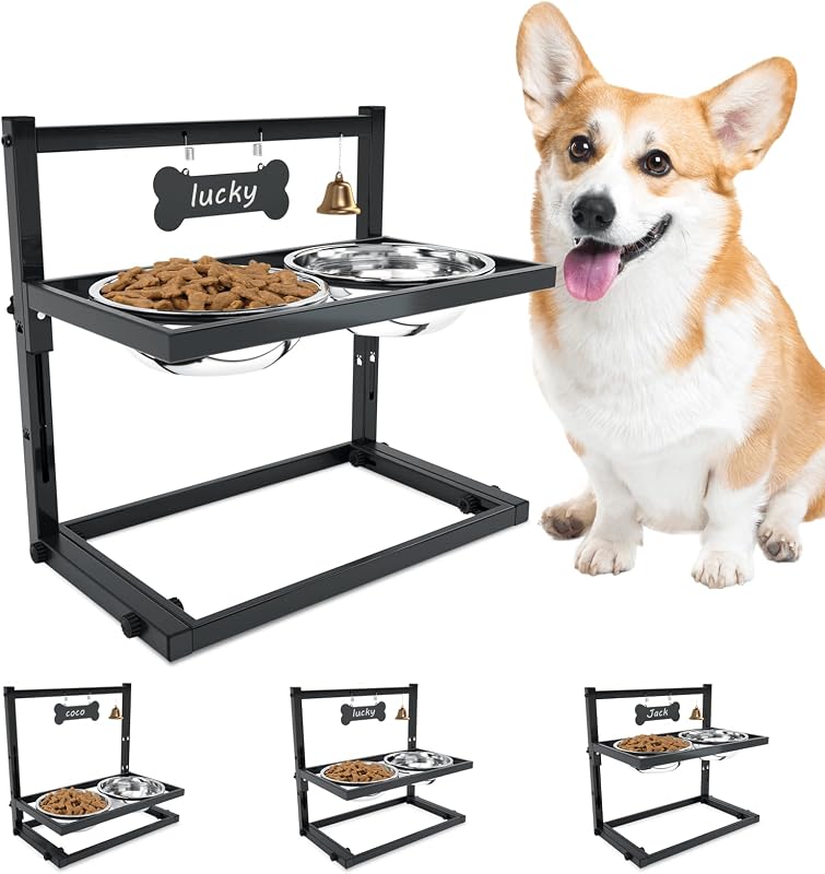 Comedouro elevado ajustável para cães e gatos SHAINFUN com 2 tigelas de aço inoxidável DBS000