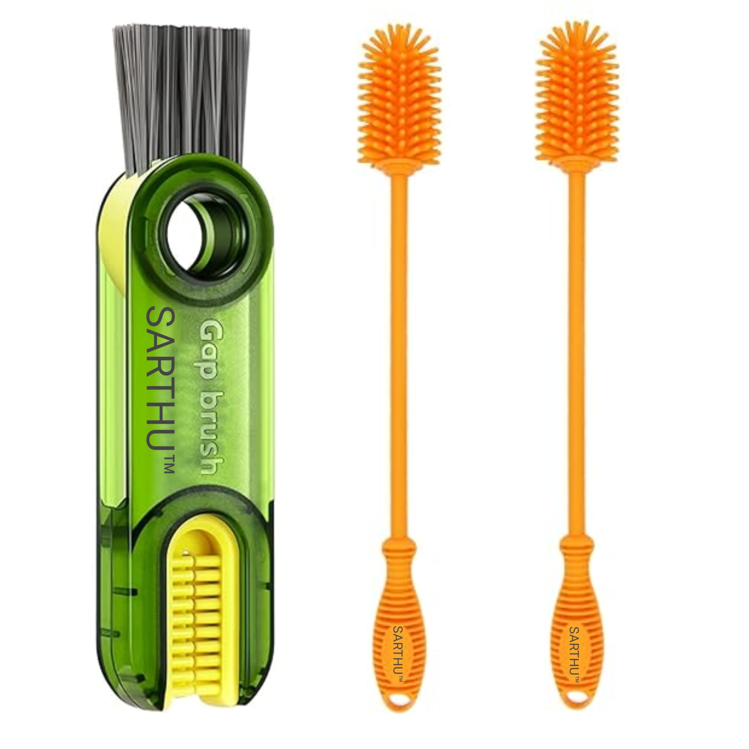 SARTHU 3 in 1 Multifunctional Bottle Cleaning Brush Set 1 Pack Bottle Cap & Cup Cleaner Brush 2 Pack Long Handle Silicone Bottle Cleaning Brushes Perfect for Baby Bottles Water Bottles Glasses
