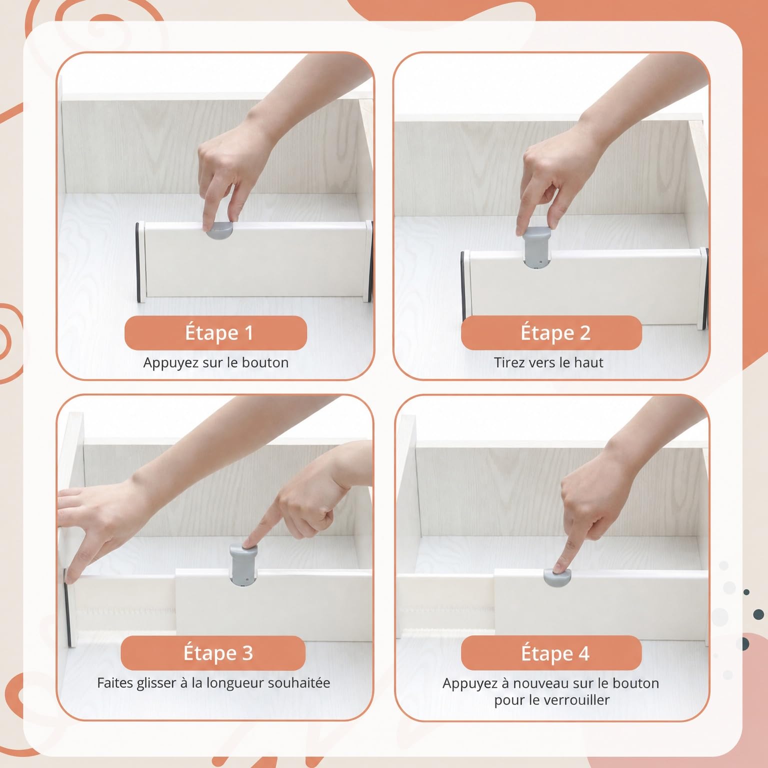 Lot de 12 séparateurs de tiroir - Réglable de 28-43 cm - En plastique - 10 cm de haut - Organiseur de tiroir pour cuisine - Chambre - Salle de bain - Bureau - Blanc