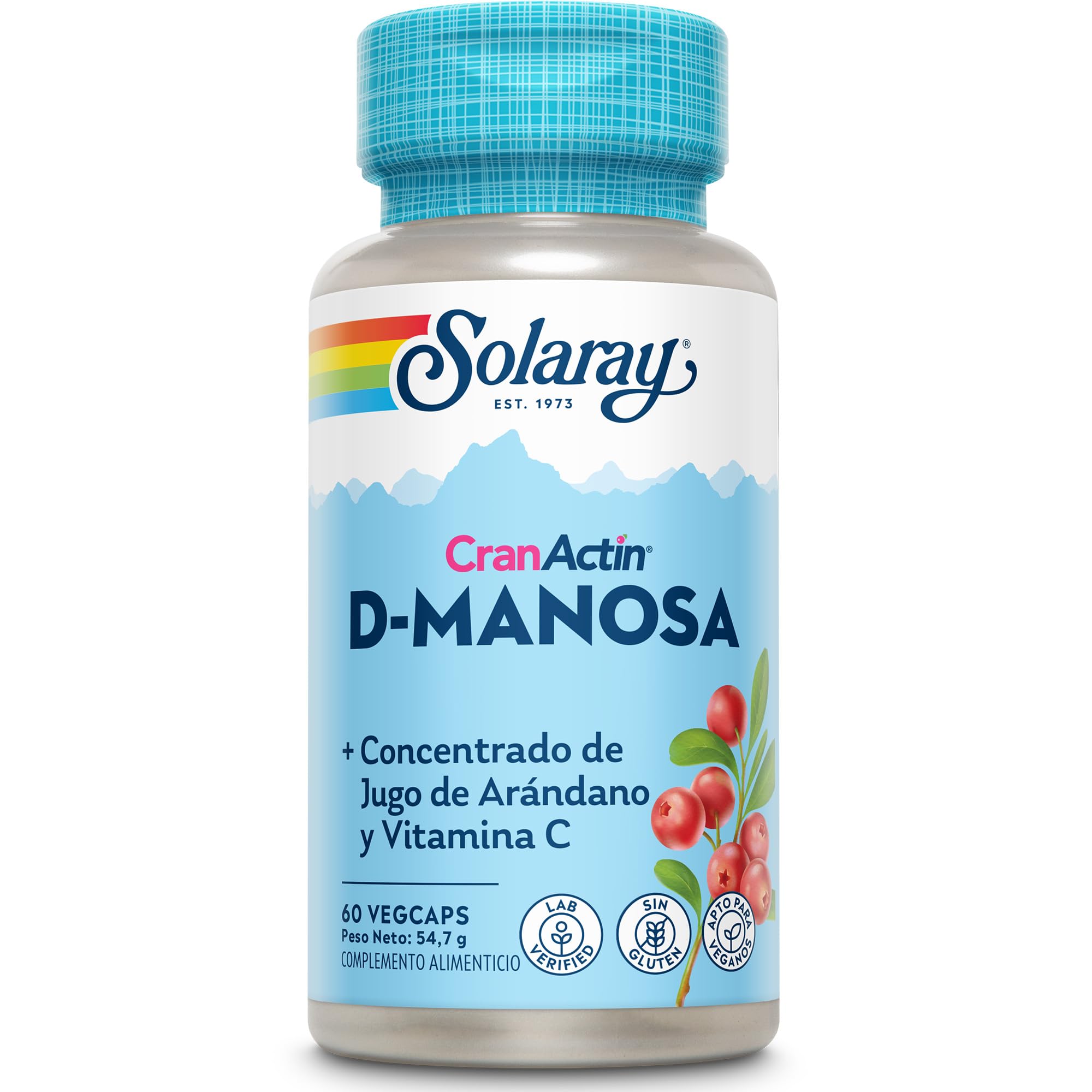 D-manosa con cranactina, arándano y vitamina C, 60 cápsulas veganas, no tabletas, suplemento de manosa D, sin OMG y verificado en laboratorio. Solaray