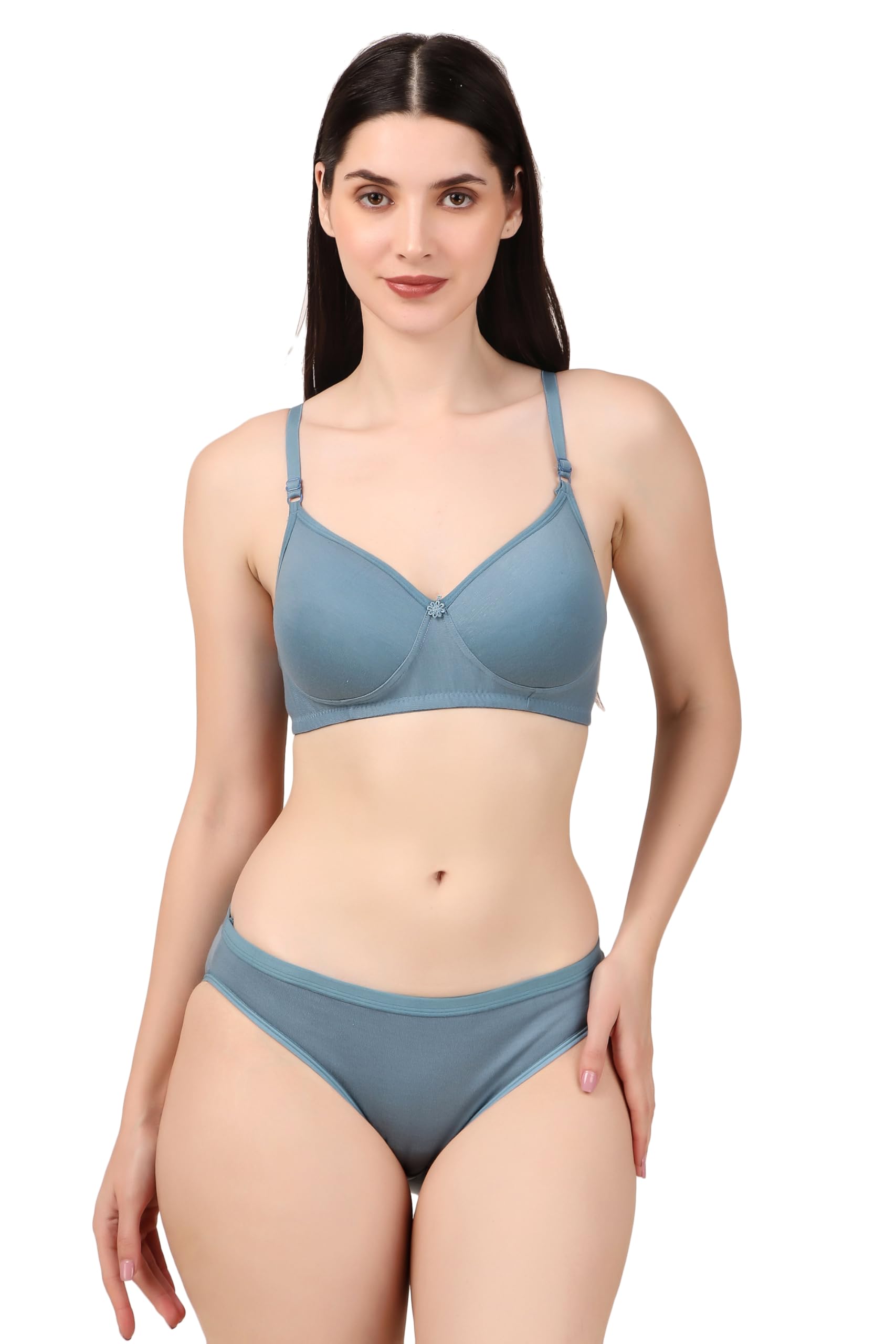 Women’s Everyday Comfort Bra & Panty Set | Soft Cotton Blend | Non-Wired, Lightly Padded Bra with Matching Briefs | Breathable & Skin-Friendly (Steel Blue, 38)-image-26