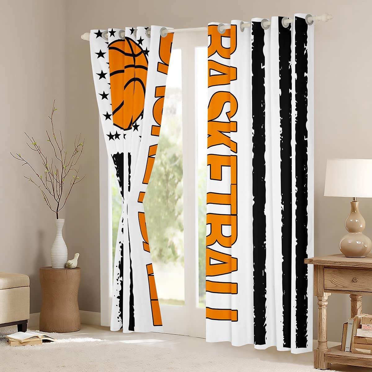 Tende Oscuranti Per Cameretta Bambini Con Tema Sport - Basket, Calcio, Baseball - 2 Pannelli 53x160 Cm, Poliestere, Stampa HD