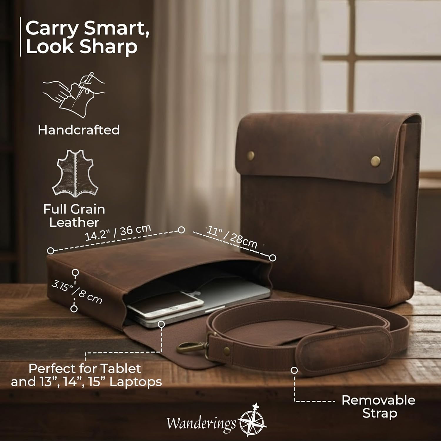 WANDERINGS Genuine Full Grain Leather Folder with Removable Strap - Handcrafted Folio Document Organizer - Leather Document Holder for Men and Women - Fits 15" 14" 13" Tablets and Laptops