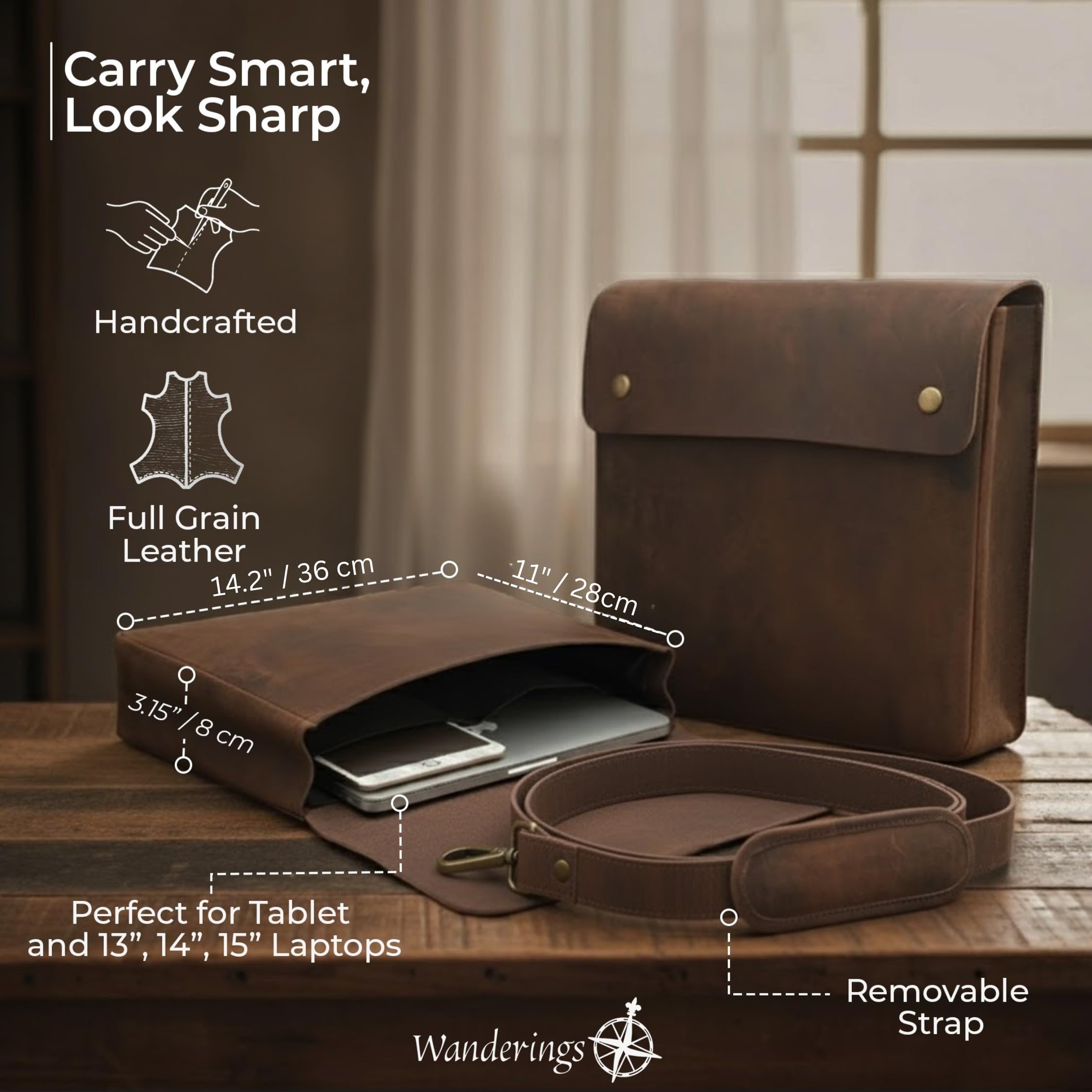 WANDERINGS Carpeta Grande de Cuero Genuino con Correa Removible - Organizador de Documentos Folio Hecho a Mano - Portadocumentos de Cuero - Compatible con Tablets y Laptops de 15" 14" 13"