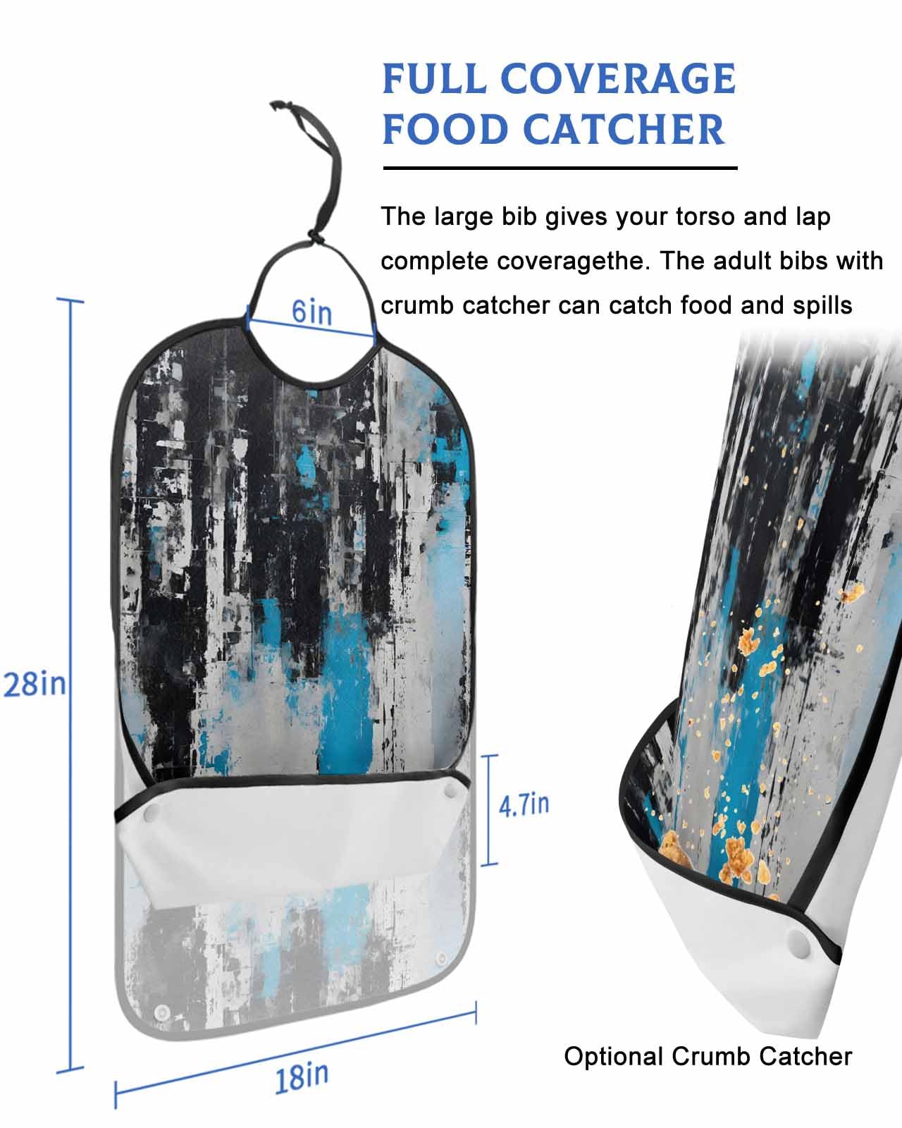 Jolunifun Black Blue Vintage Abstract Painting Smear Art Adult Bib for Adults Men, Women, Washable & Adjustable Terry Cloth Bib with Crumb Catcher Reusable Waterproof Clothing Clothes Protector Apron