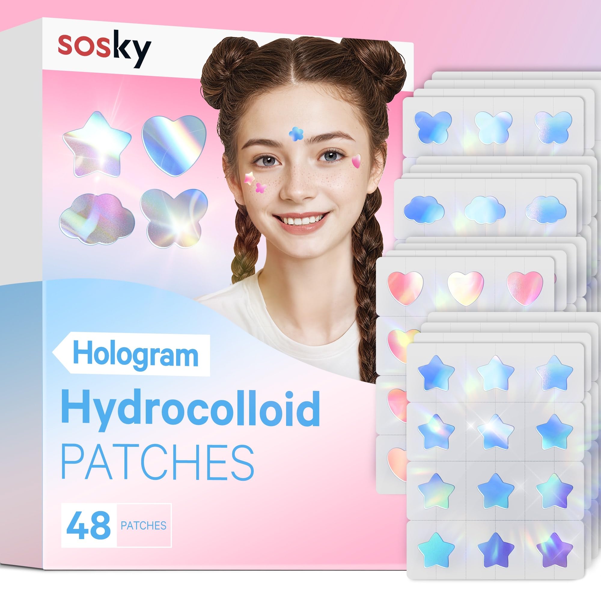 Sosky Hologram Pimple Patches for Face Hydrocolloid Acne Patches with Salicylic Acid Cute Star Zit Stickers Colorful Blemish