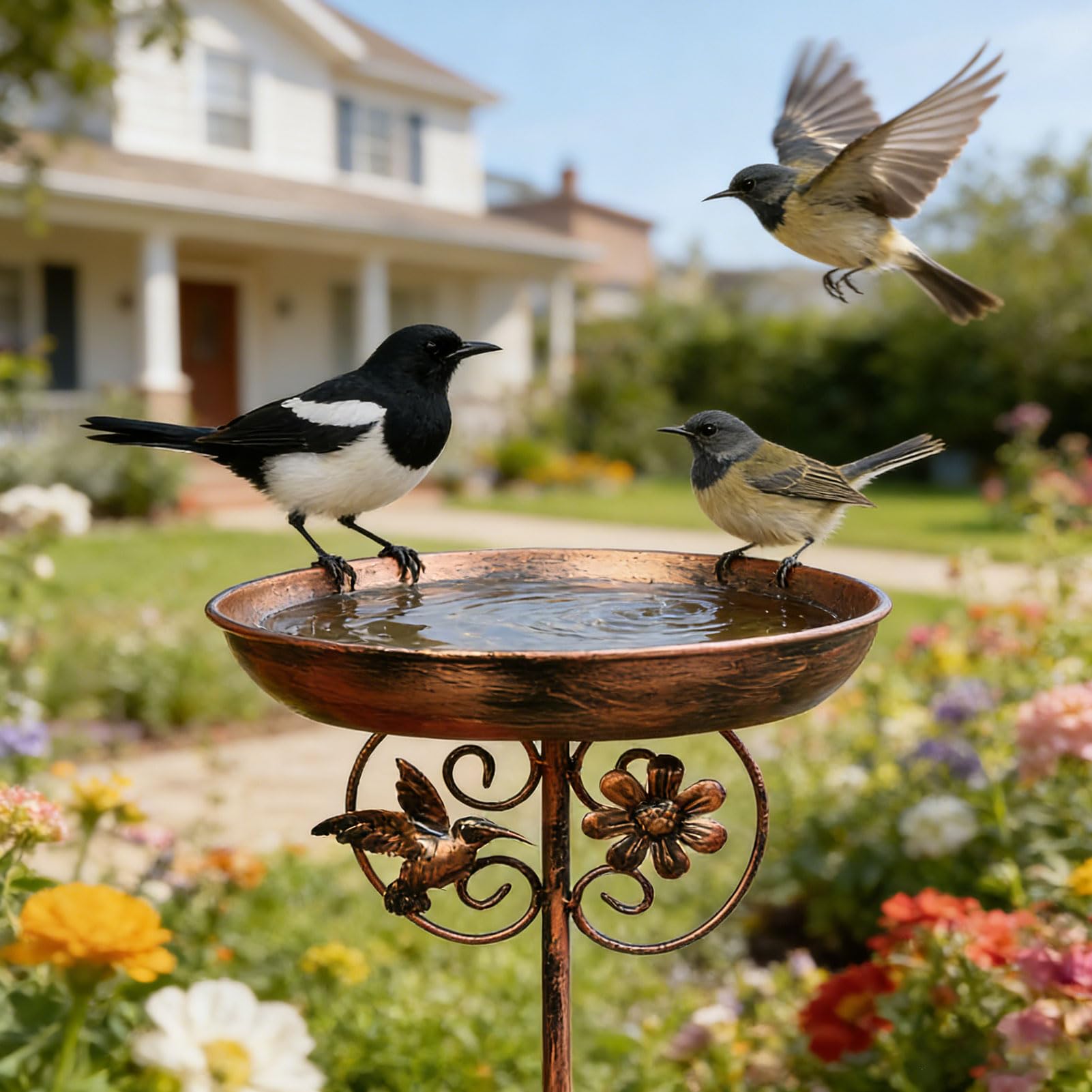 Vogeltränke Stehend Metall Vintage, Vogelbad Garten, 80x25cm, Wassertränke für Vögel, Vogeltränke Winterfest Frostsicher mit Erdspieß, Vogelbad Stehend aus Gusseisen, Antike Bronze (A)