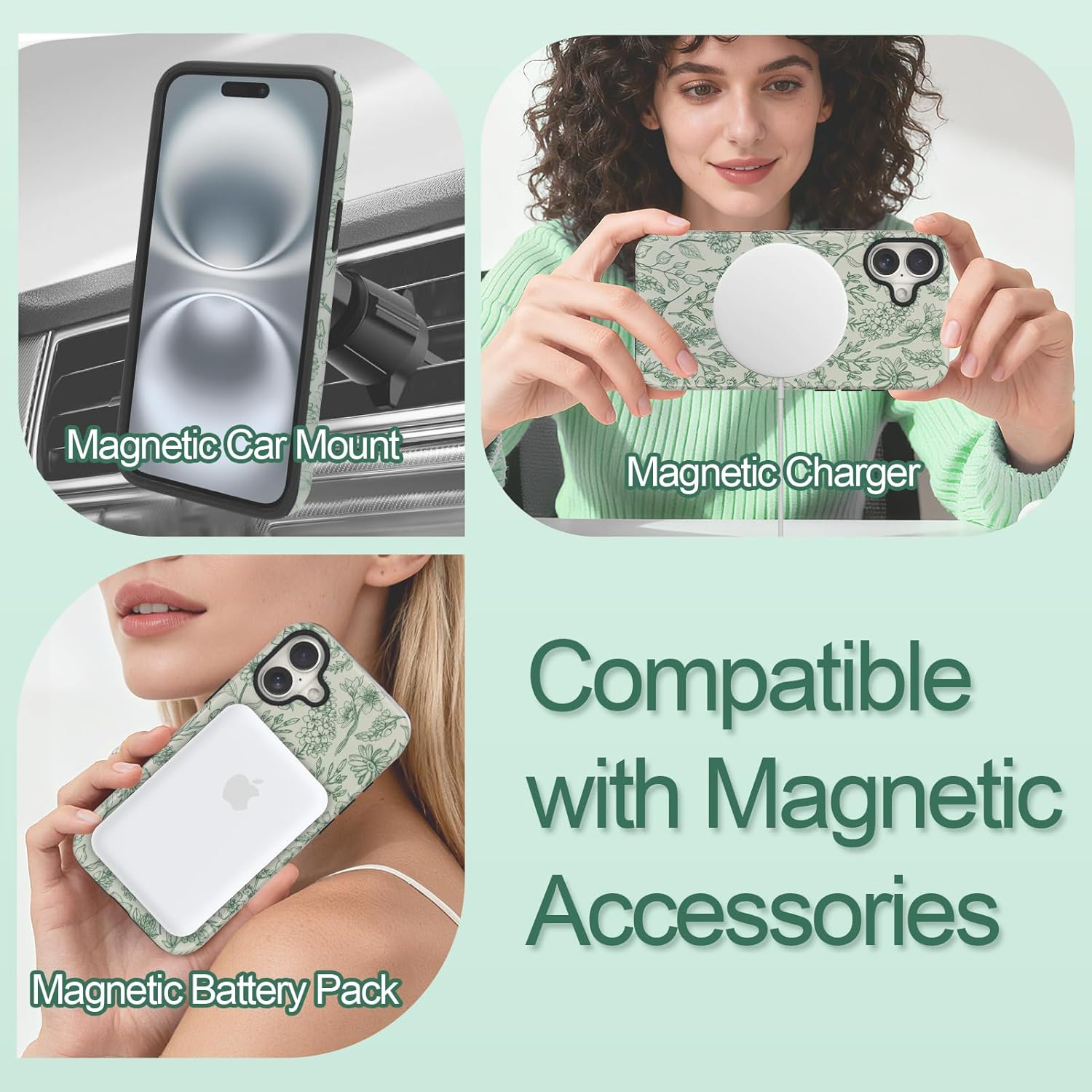 SOKAD Magnetic Sage Floral Phone Case for iPhone 16, Vintage Green Flower Pattern Compatible with Magsafe Matte Protective Case Cover with Screen Protector for Girls Women - Image 4