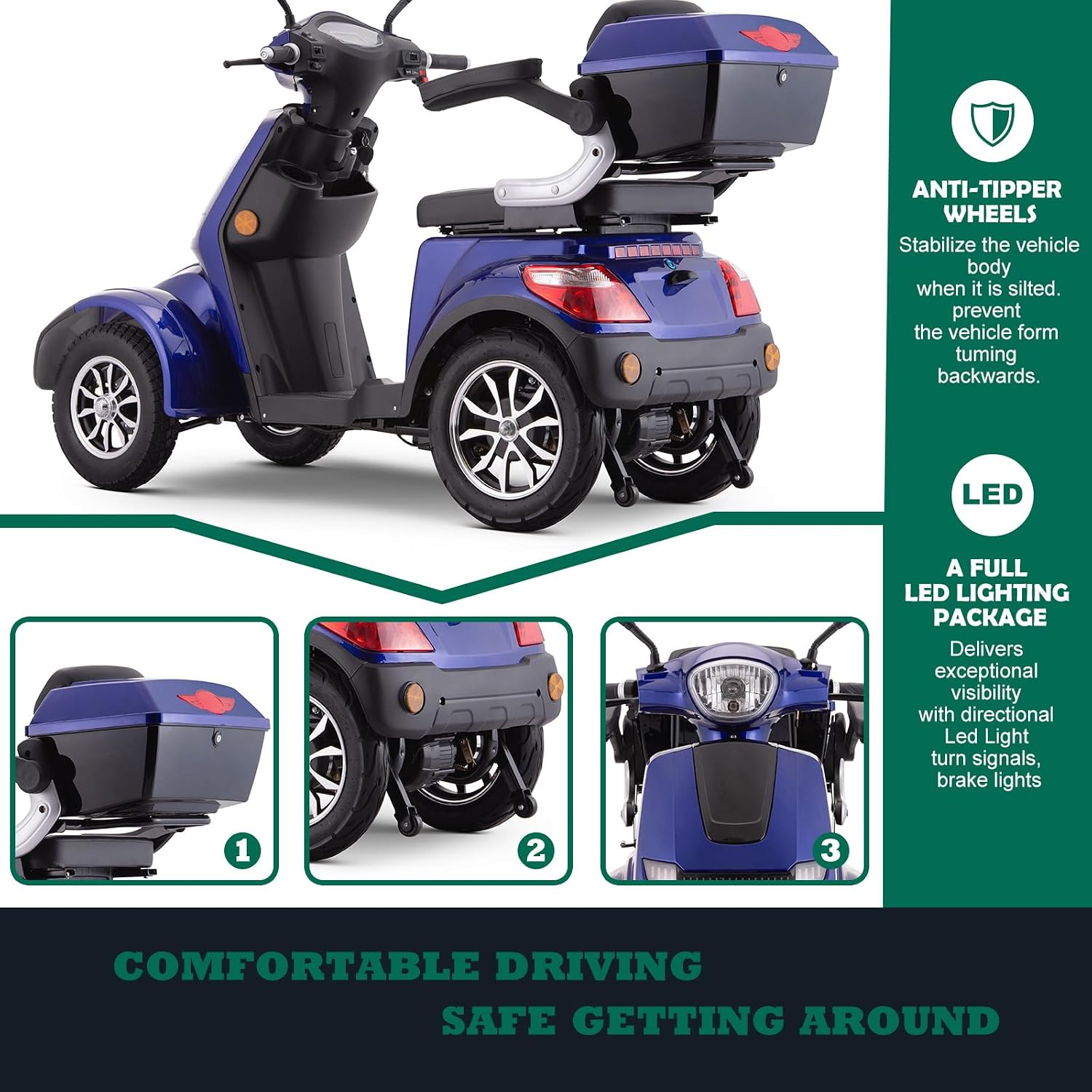 Close-up views of the SKRT XW-E08 mobility scooter's rear trunk, anti-tipper wheels, and front LED lighting system.