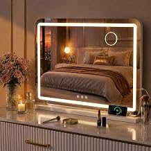 Clevich Hollywood mirror with LED light, make-up vanity mirror with lighting, touchscreen dressing table mirror with lights, dimmable 3 modes, with USB and 10X magnification, white 80L x 60W cm